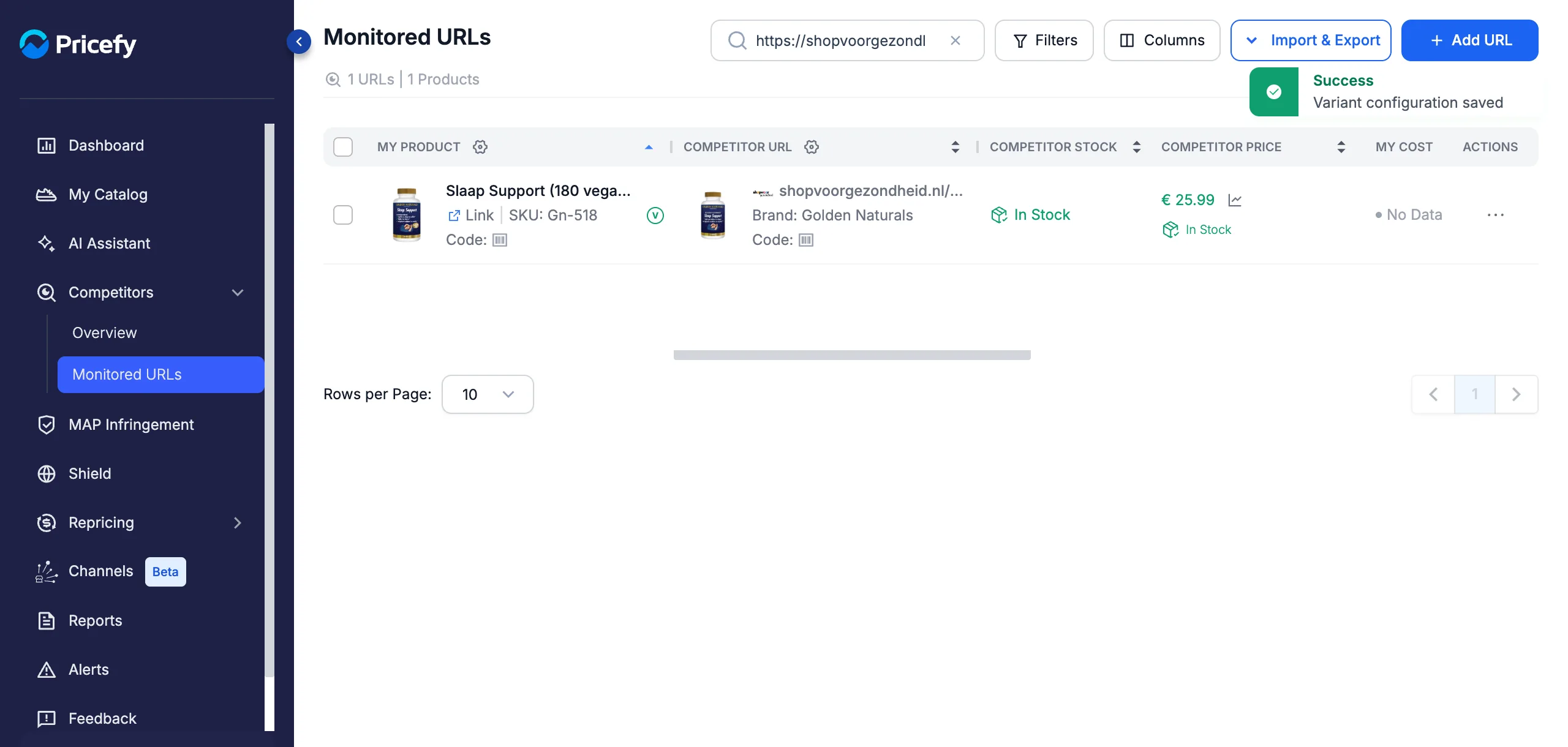Success toast in Pricefy confirming the variant configuration was saved