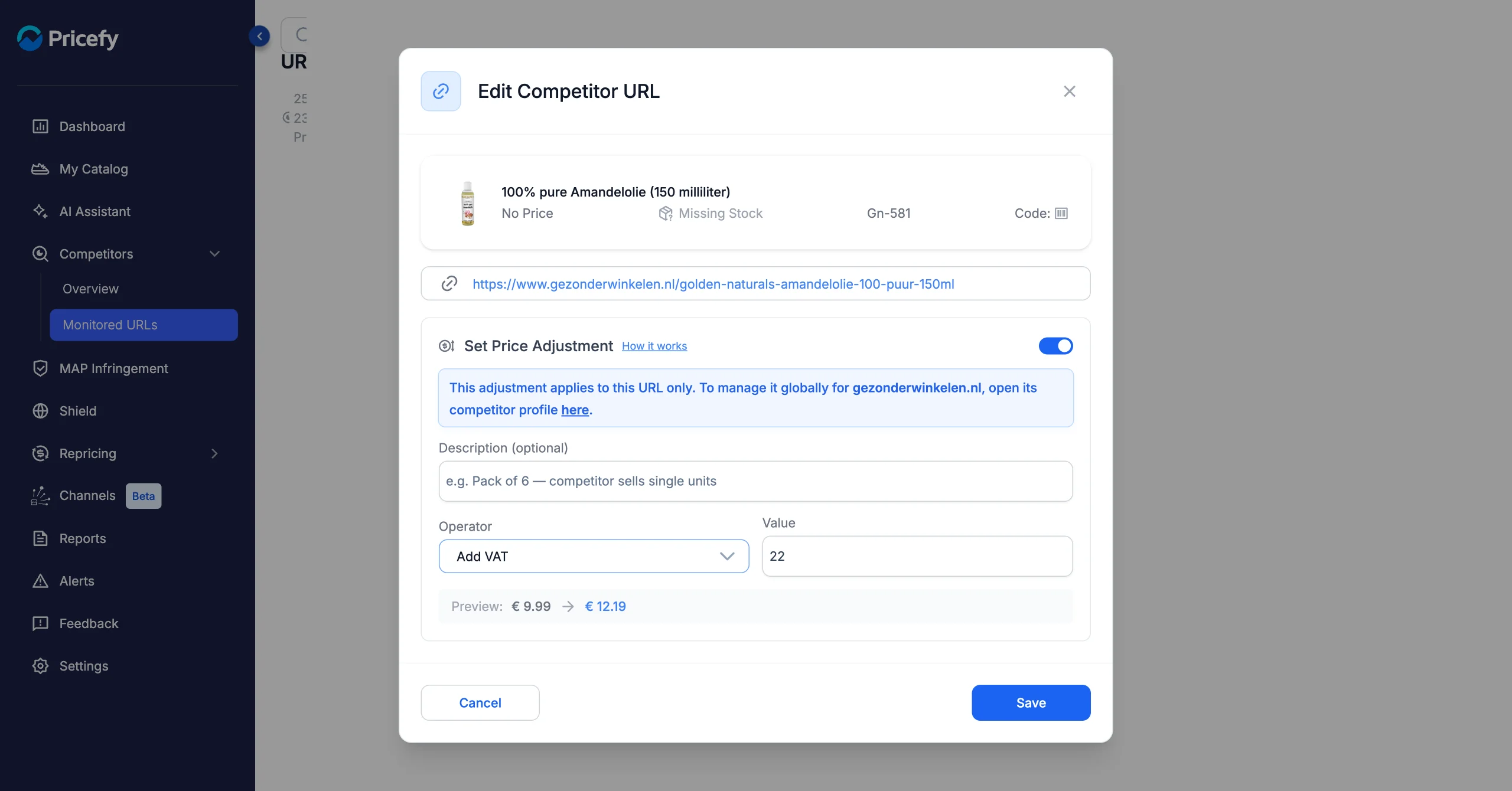 Add VAT operator adding 22% VAT to a competitor price, preview 9.99 to 12.19