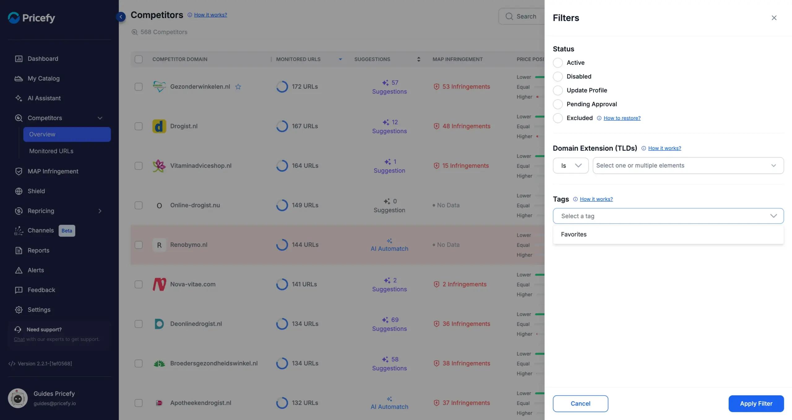 The Filters panel on Pricefy's Competitors page with the Tags dropdown open, showing the Favorites competitor tag.
