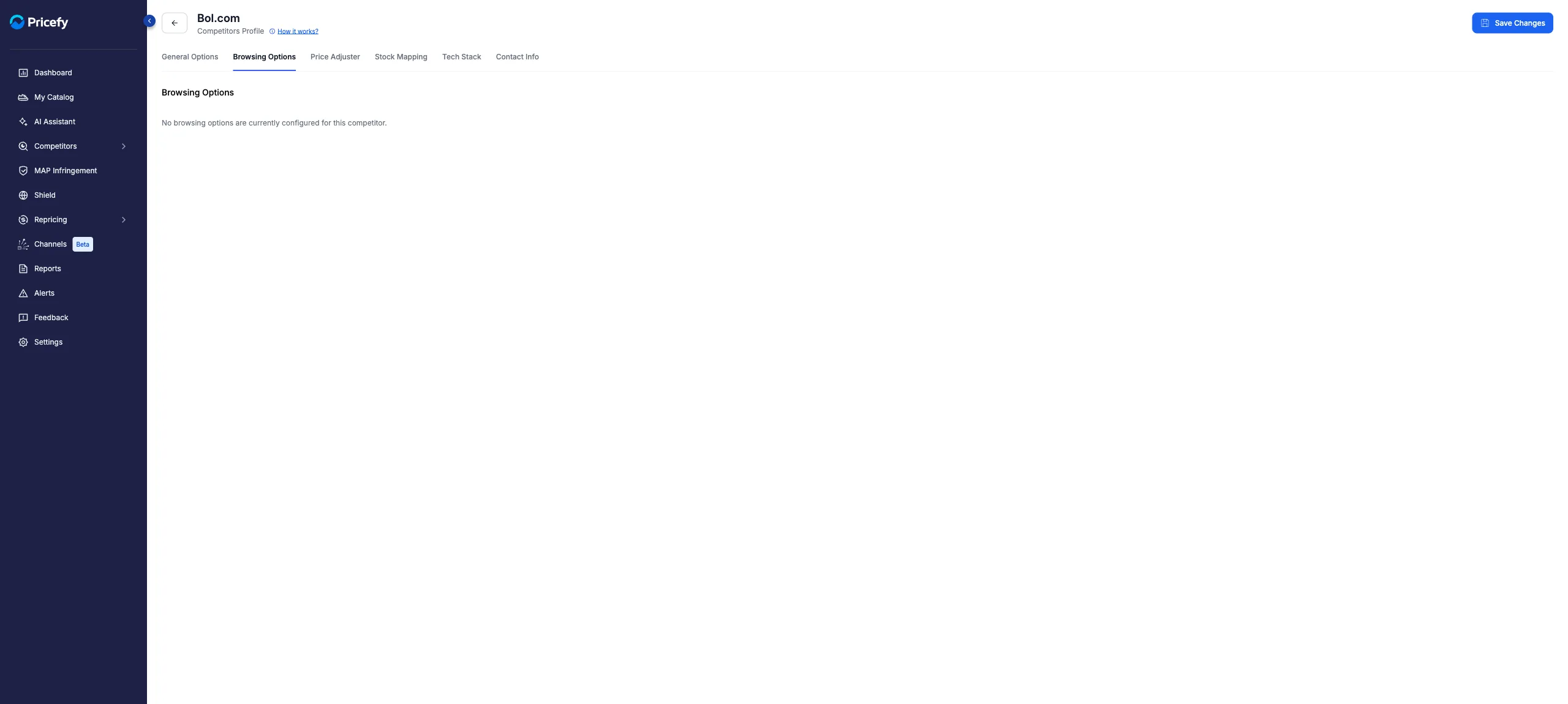 Browsing Options tab of the Competitor Profile, read-only and managed by Pricefy