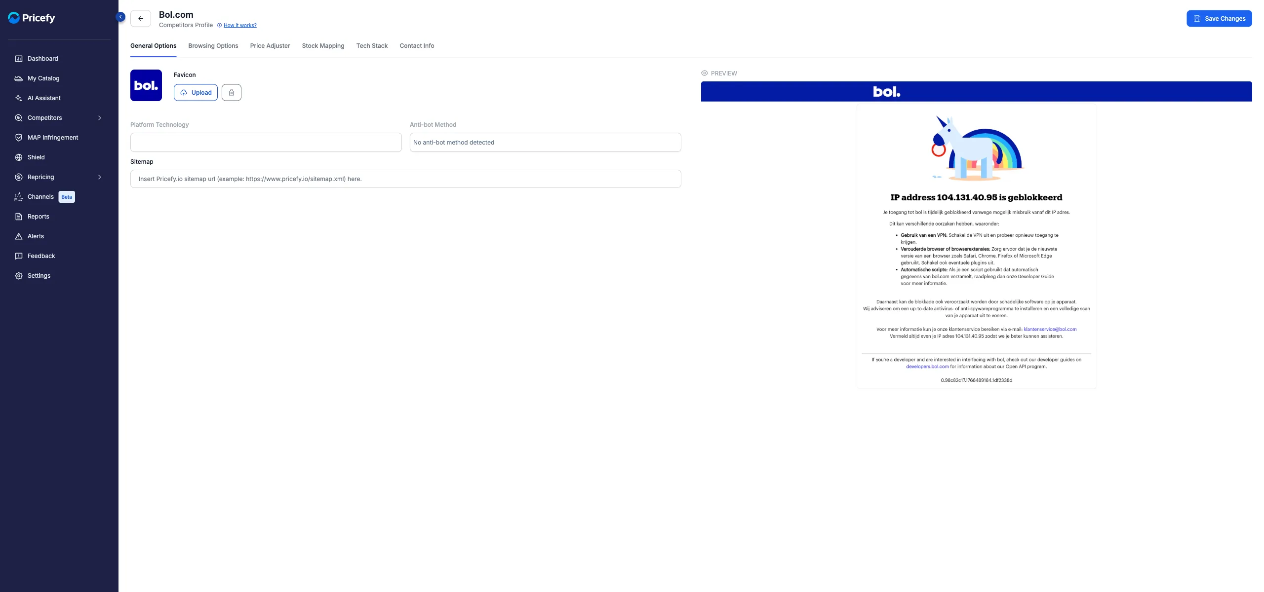 General Options tab of the Competitor Profile: favicon, platform technology, anti-bot method, sitemap and site preview