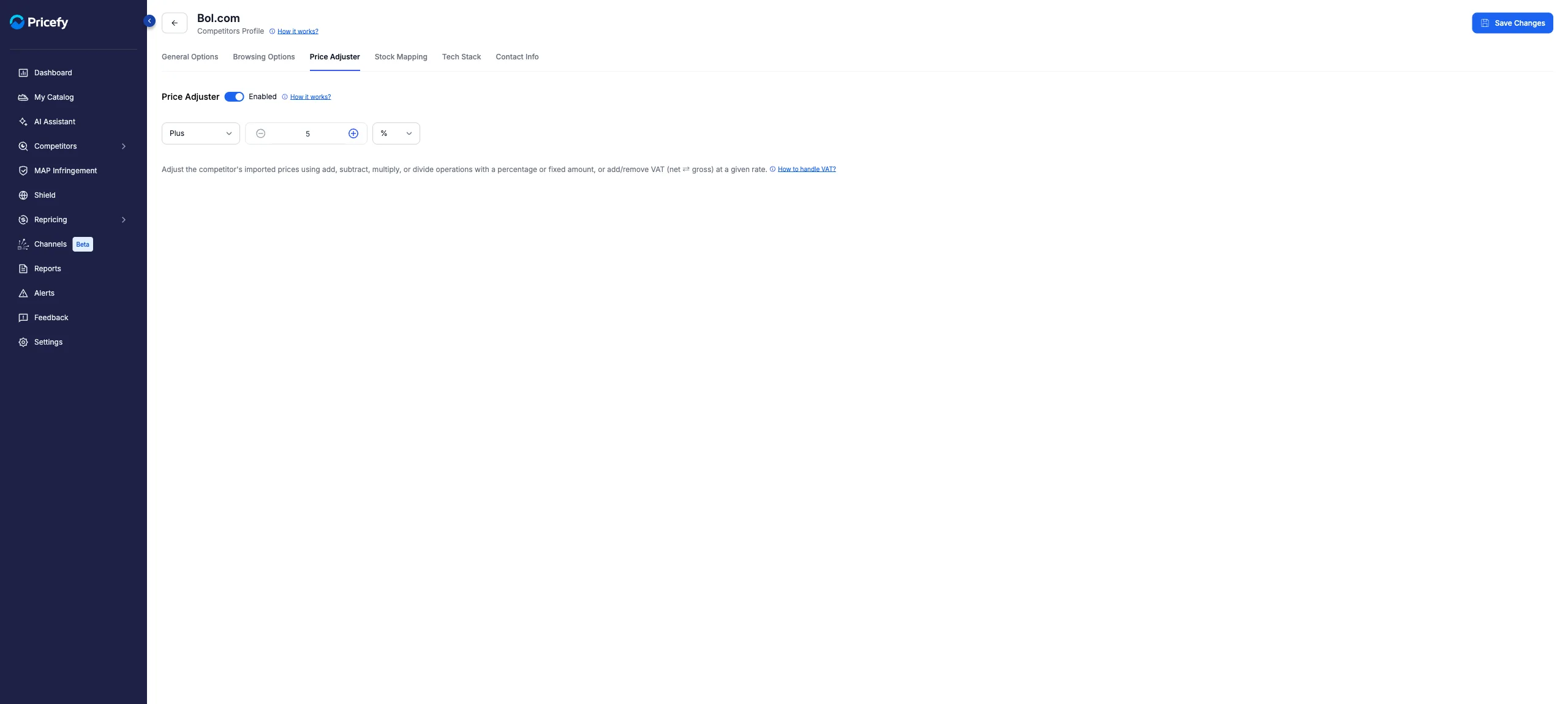 Price Adjuster tab of the Competitor Profile enabled with the Plus operation at 5 percent