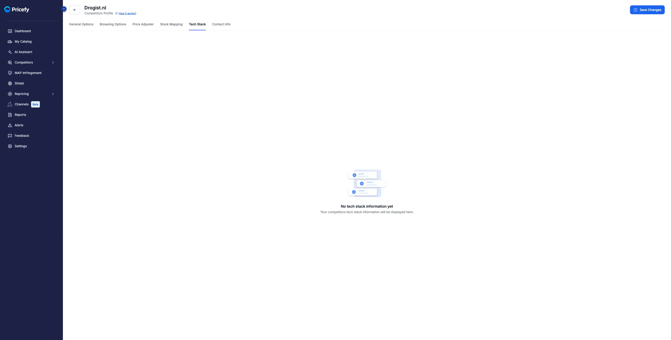 Tech Stack tab of the Competitor Profile before Pricefy has analyzed the site