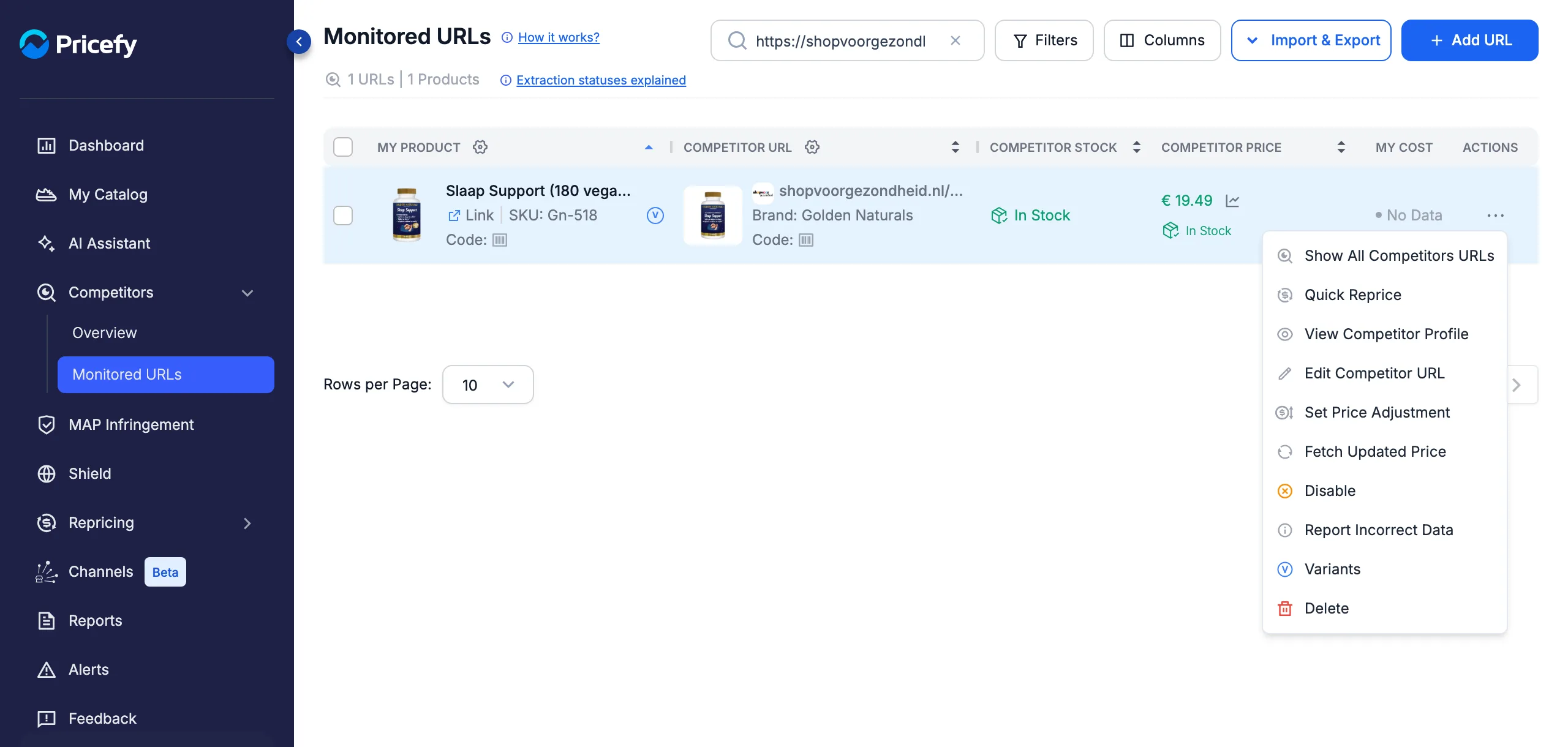 Actions menu of a monitored URL in Pricefy with the Variants entry near the bottom