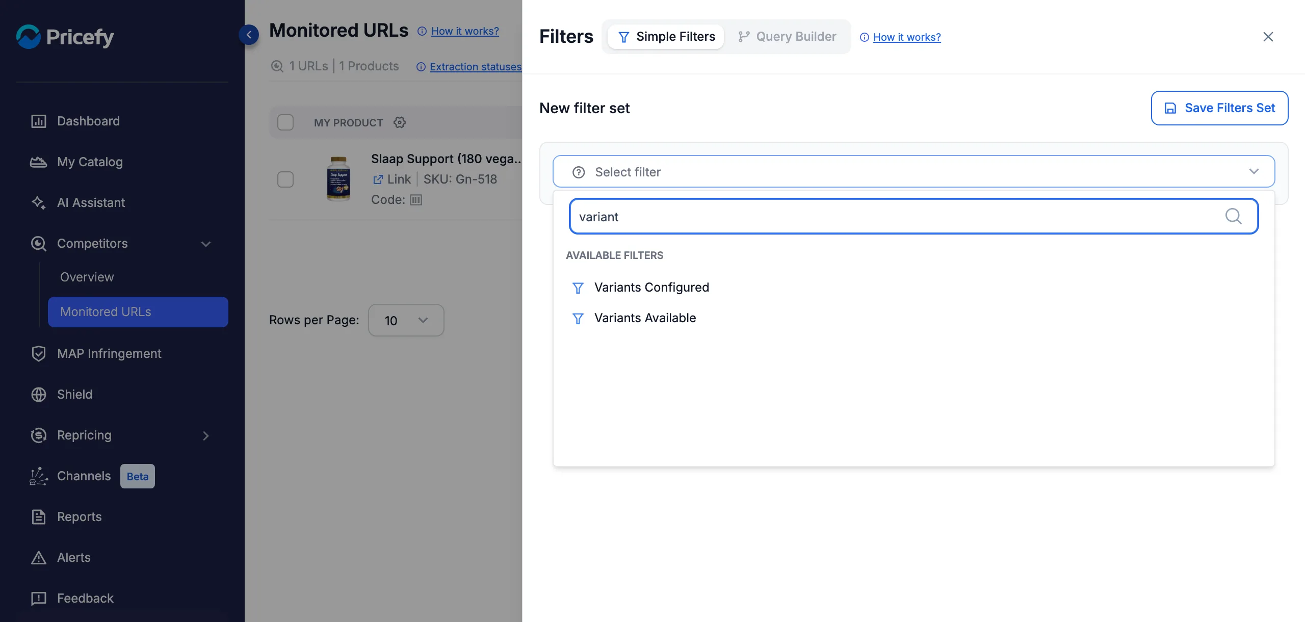 Monitored URLs filters in Pricefy with the Variants Configured and Variants Available filters