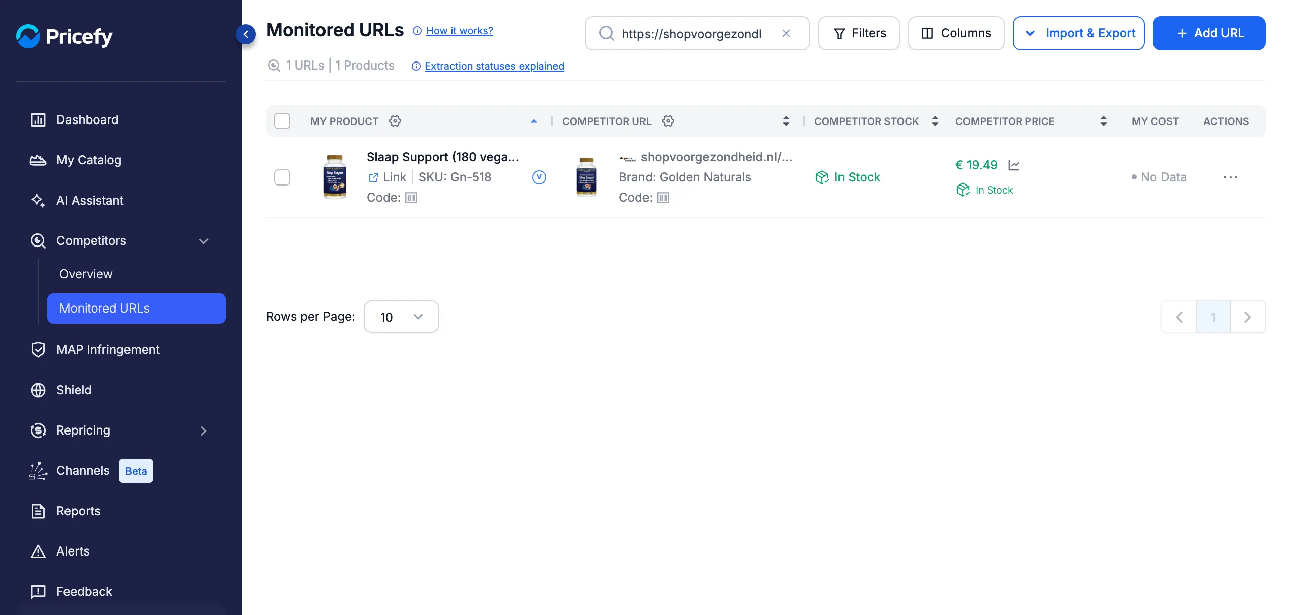 Monitored URLs row in Pricefy showing the blue V badge that marks a competitor URL with variants