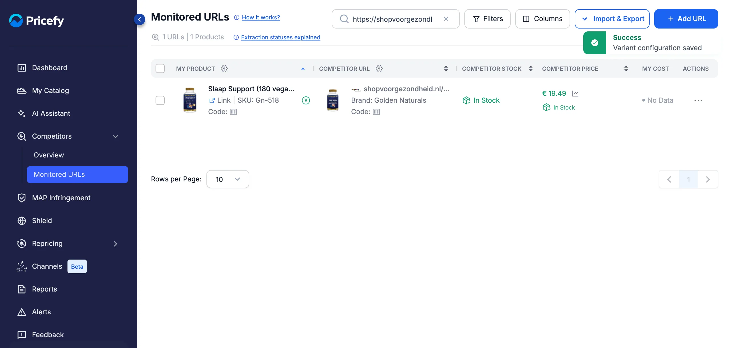 Success message in Pricefy confirming the variant configuration was saved, with the V badge turned green