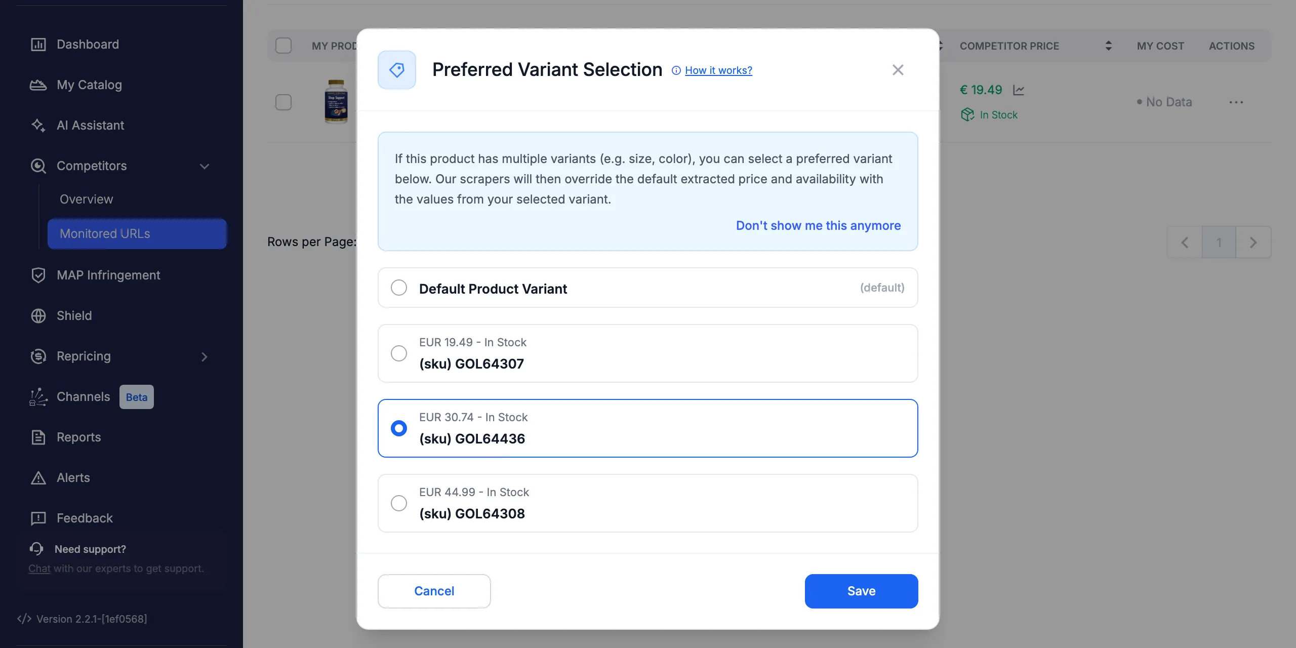 A competitor variant selected and highlighted in Pricefy Preferred Variant Selection window