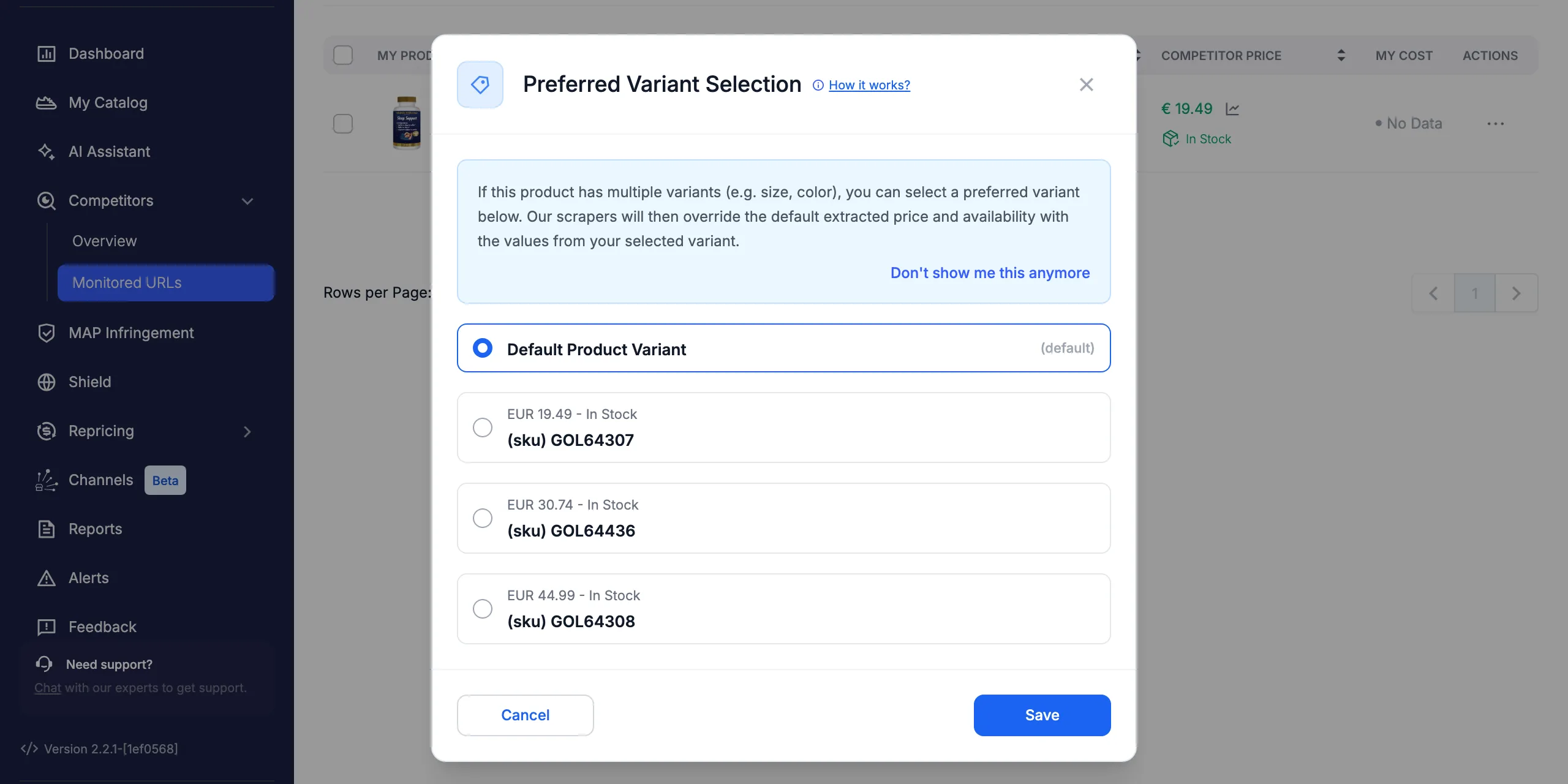 Preferred Variant Selection window in Pricefy listing the default option and each competitor variant with SKU, price and stock