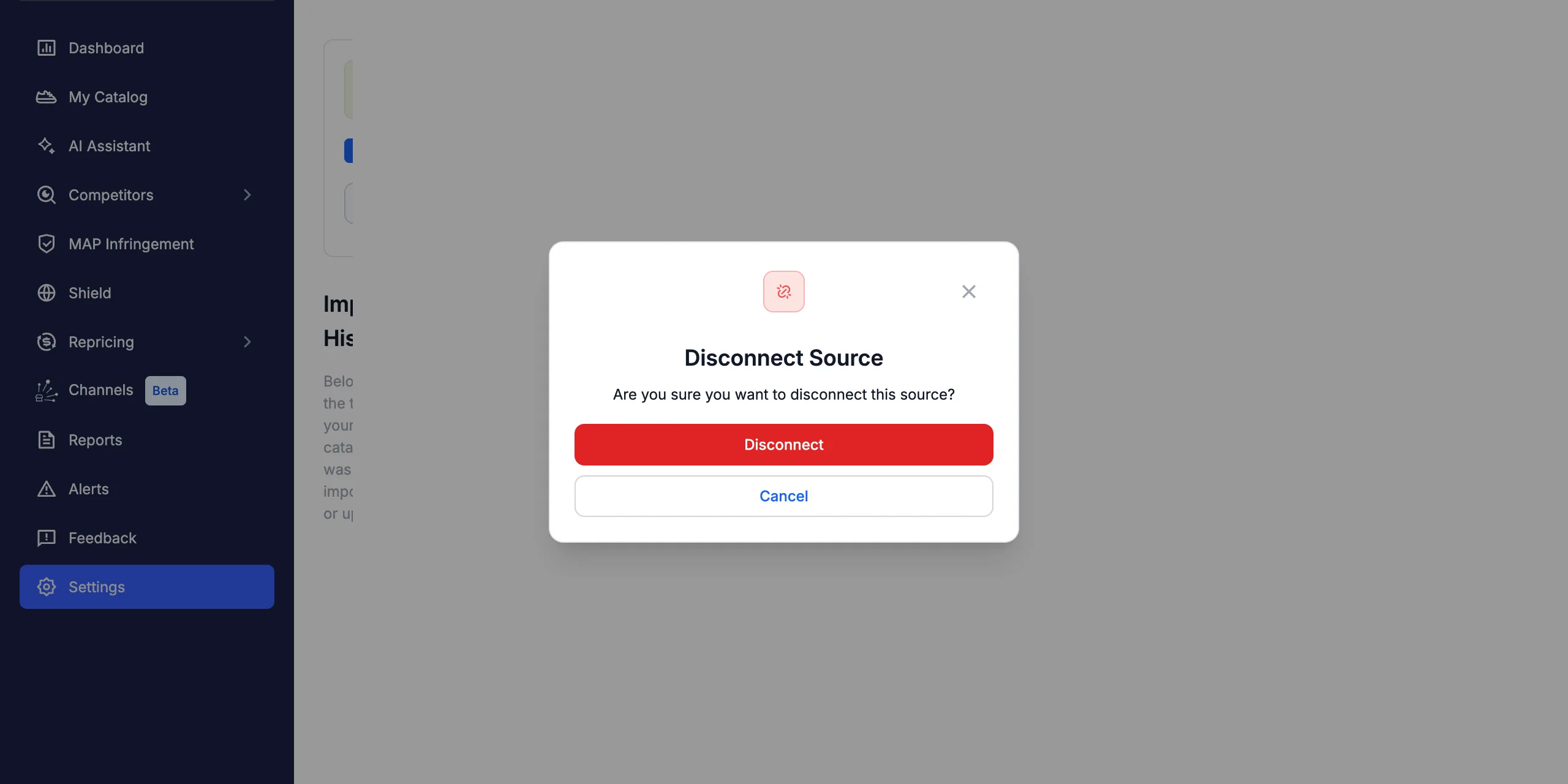 The Disconnect Source confirmation dialog on the Product Feed tab.
