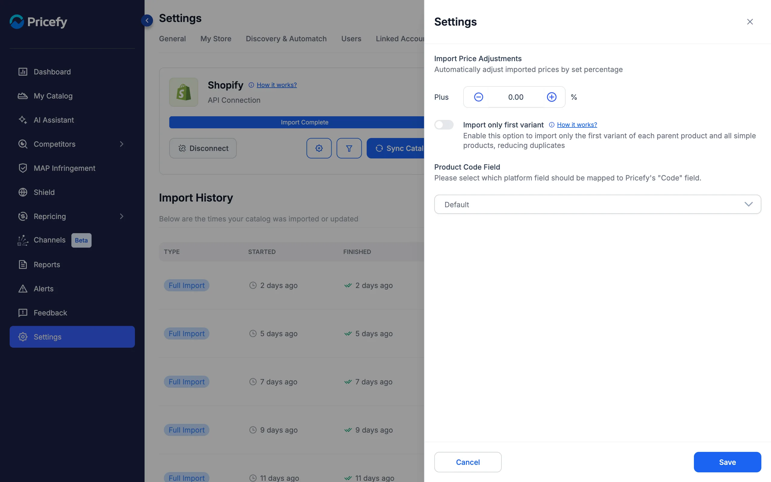 The Import Settings drawer with Import Price Adjustments, Import only first variant and Product Code Field.