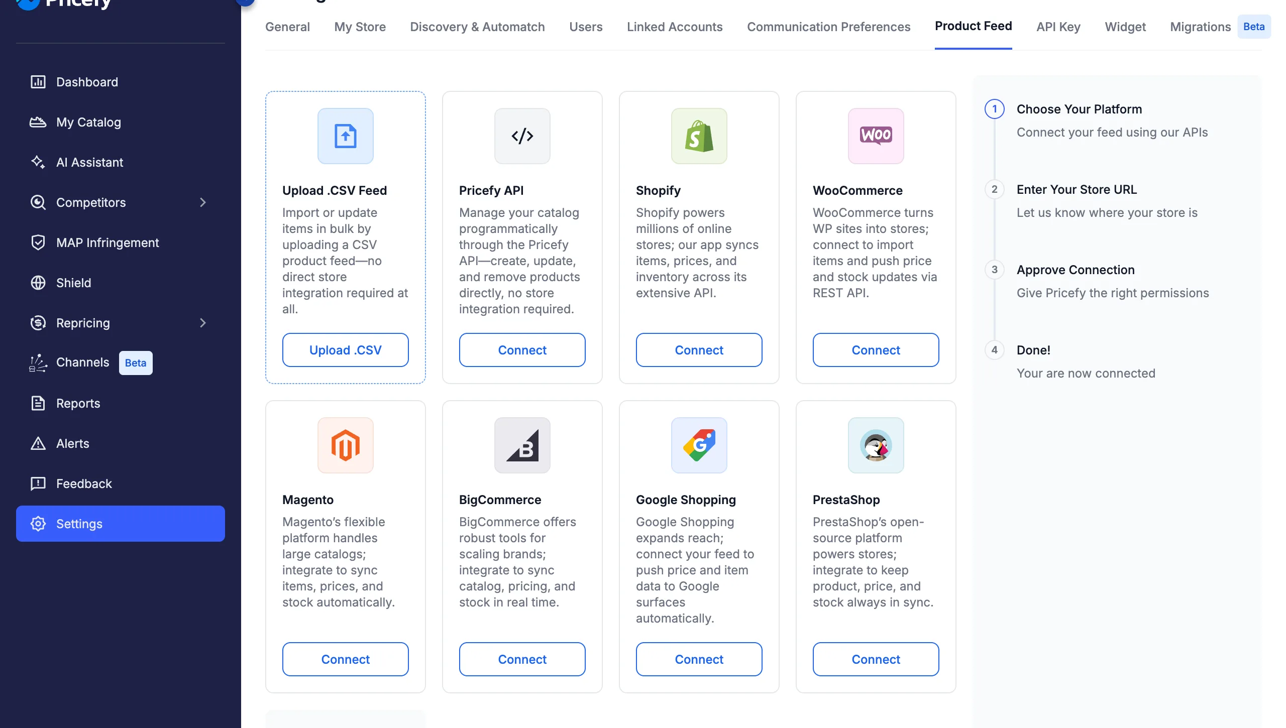 Choosing an import platform in Pricefy: CSV upload, Pricefy API, Shopify, WooCommerce, Magento, BigCommerce, Google Shopping or PrestaShop.