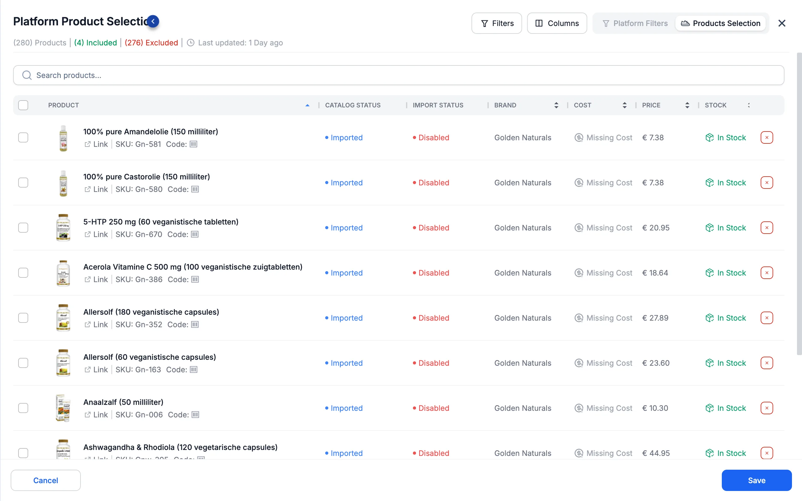 The Products Selection grid, where you include or exclude individual products from the import.