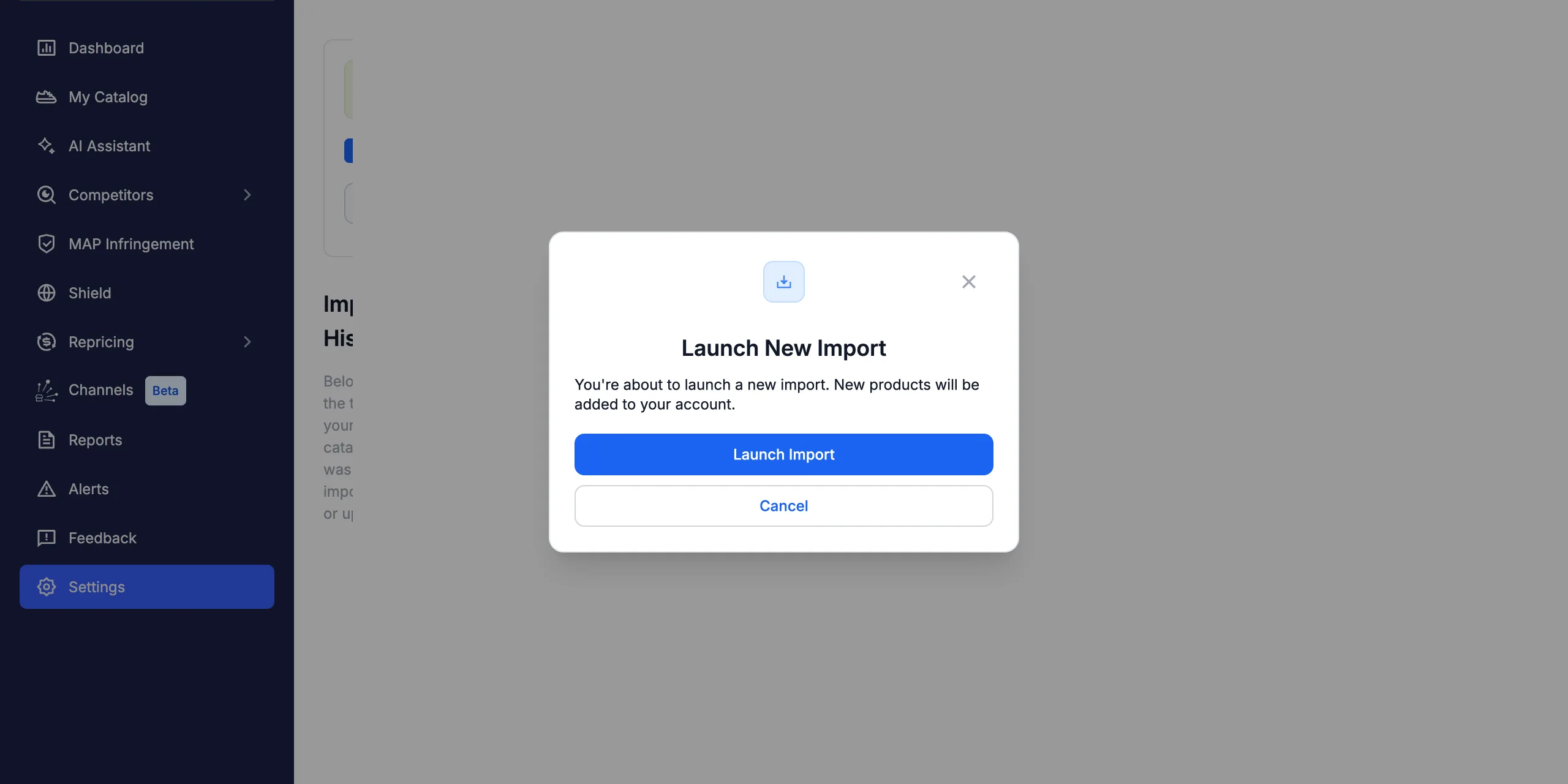 The Launch New Import confirmation dialog shown when you click Sync Catalog.