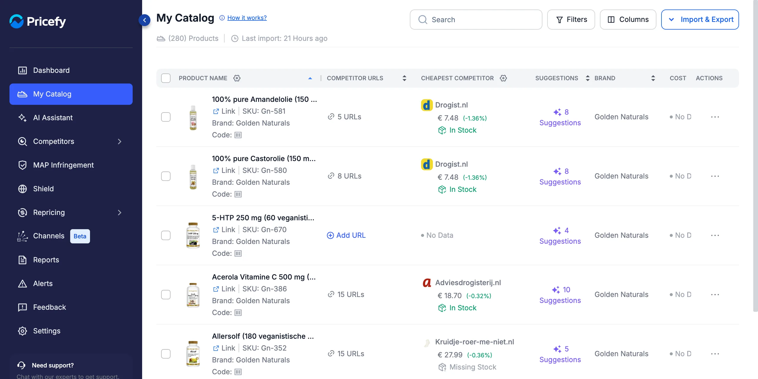 My Catalog in Pricefy showing each product's SKU and the number of competitor URLs linked to it