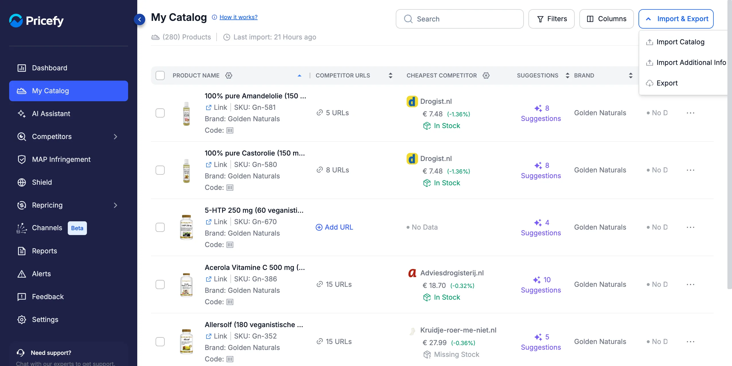 Import & Export menu open in Pricefy My Catalog with the Import Catalog option