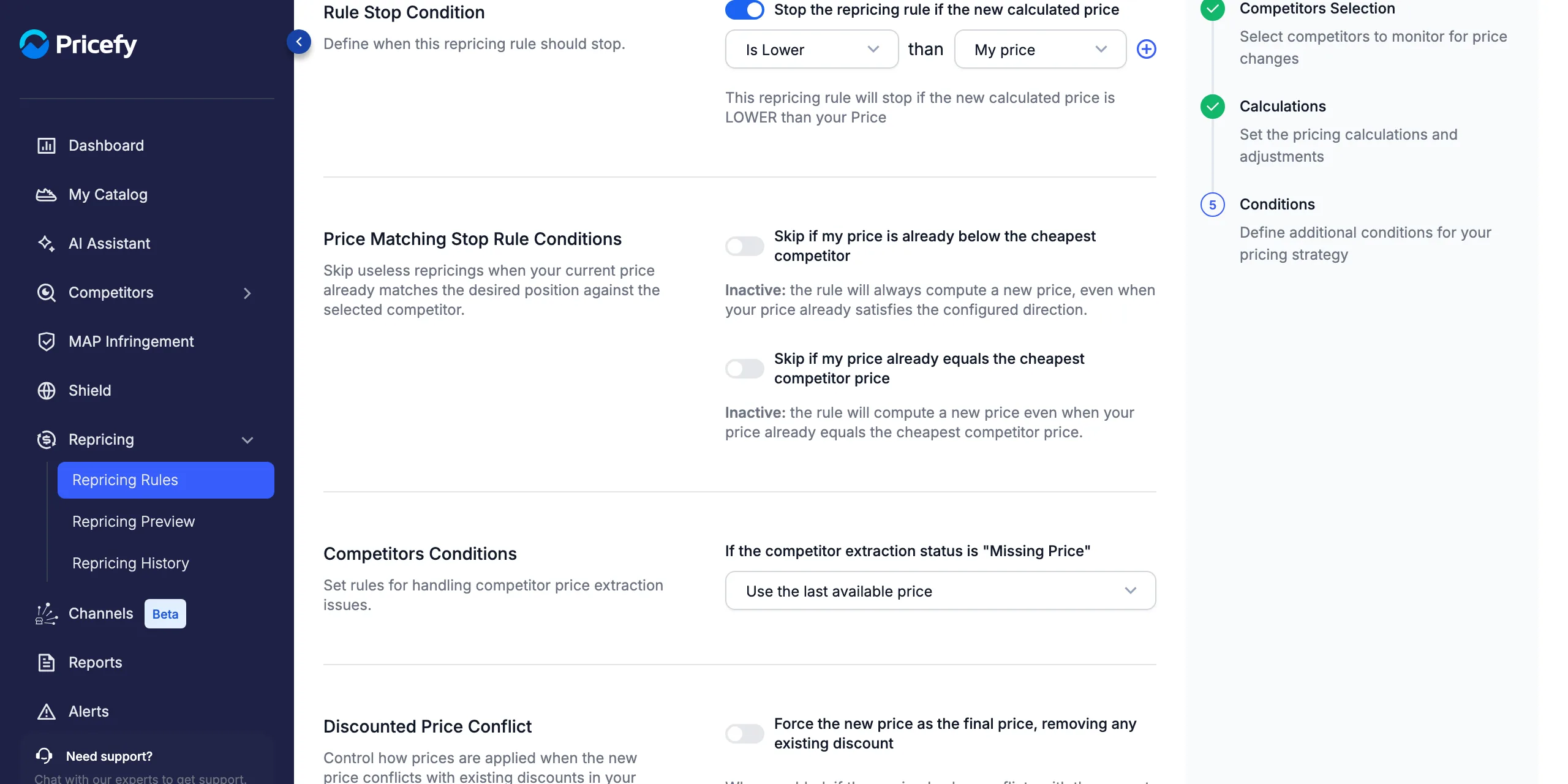 Rule Stop Condition switched on — the comparison and reference dropdowns, with the plain-English summary underneath.
