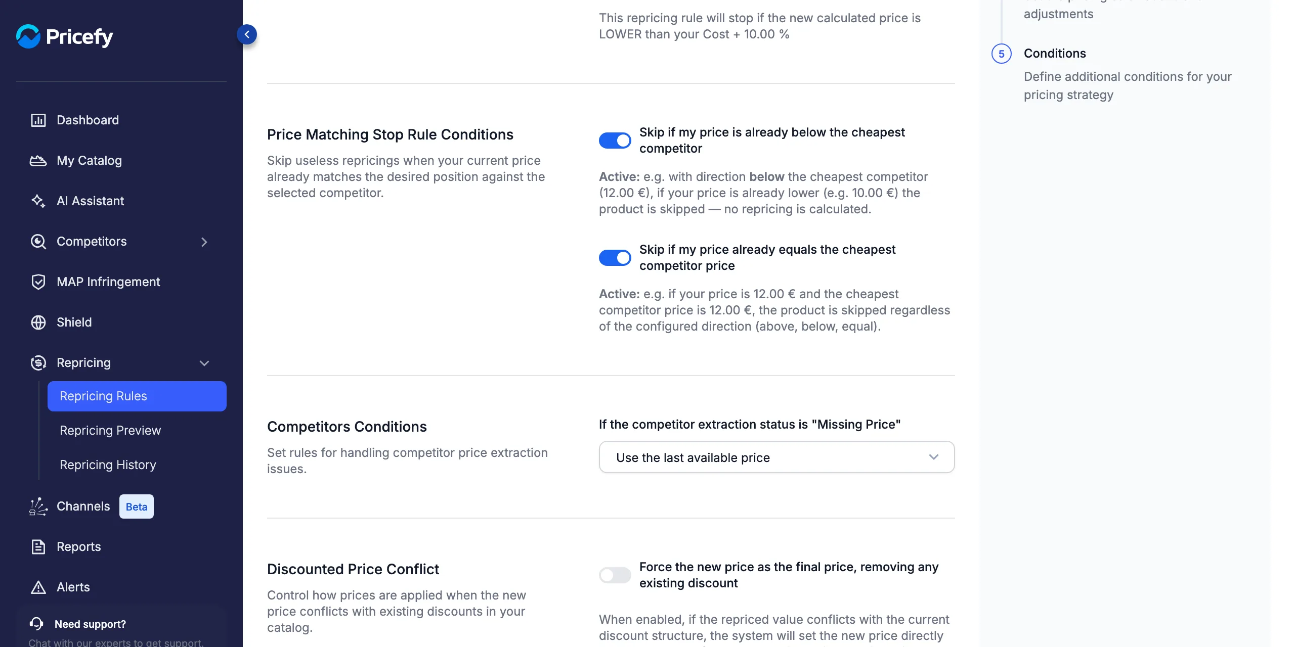 Both price-matching skips active — each explains its behavior with a concrete example.