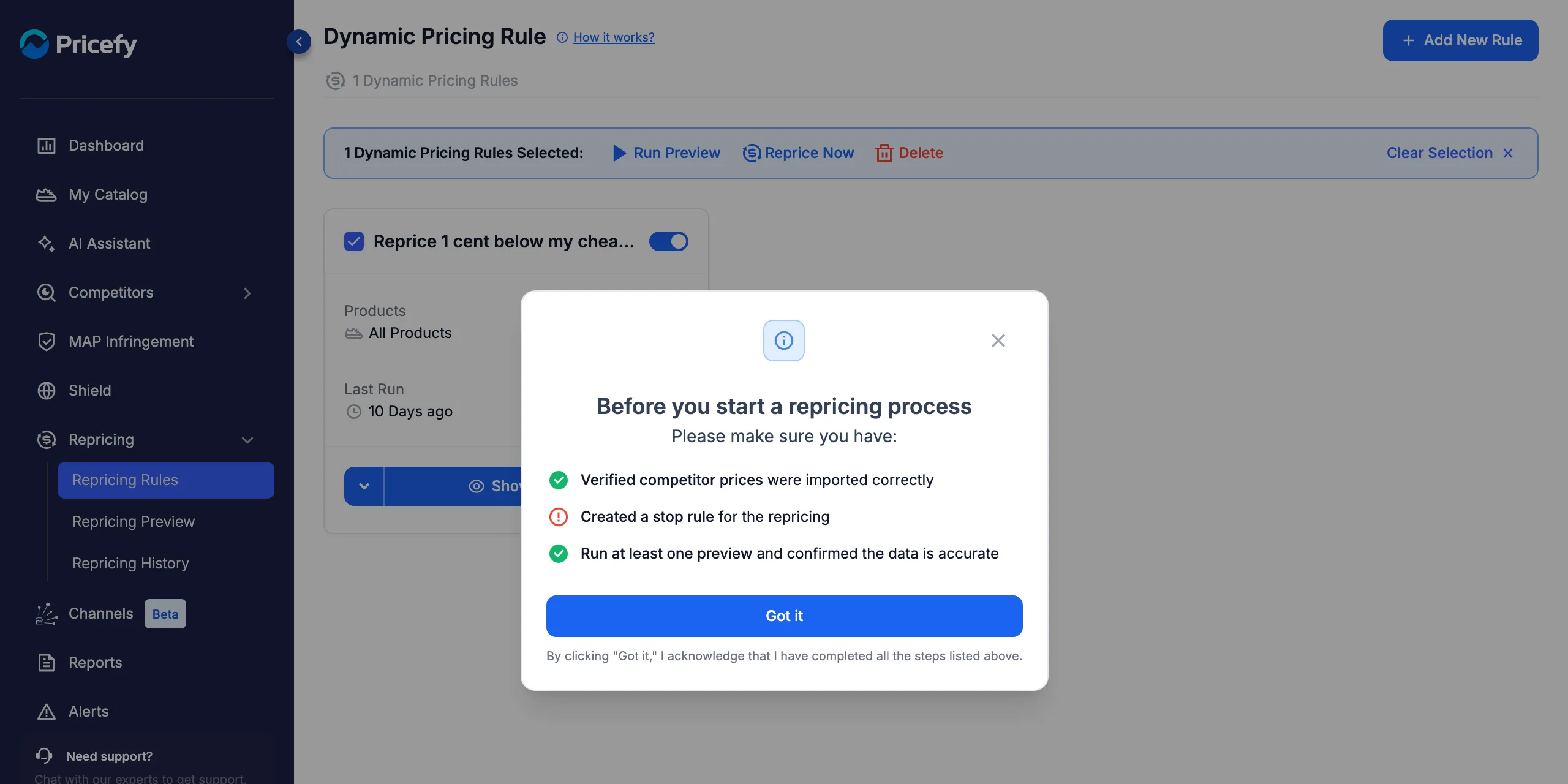 The pre-repricing checklist — a stop rule is still missing, so the repricing does not start.