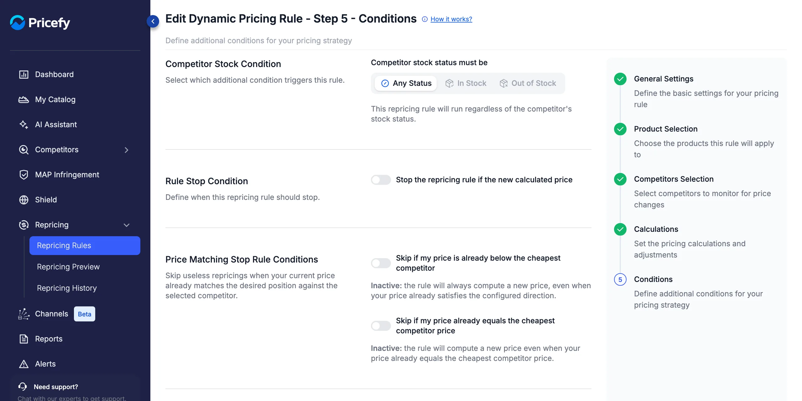 The Conditions step of the repricing rule editor — the Rule Stop Condition toggle is off by default.