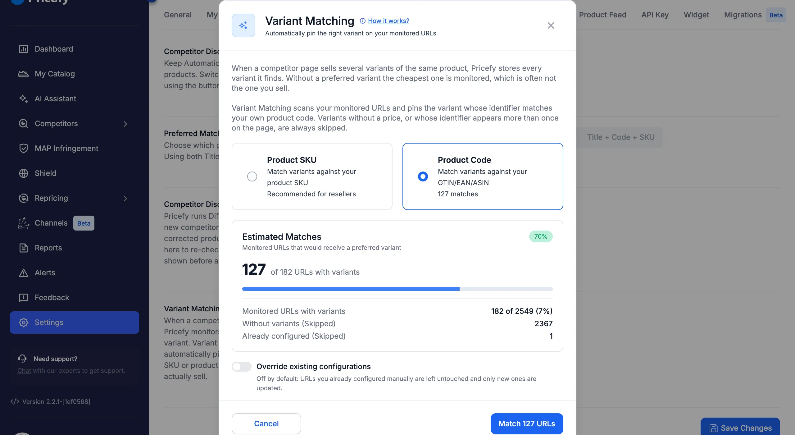 Variant Matching window in Pricefy showing the match field options and the estimated number of monitored URLs that would receive a preferred variant