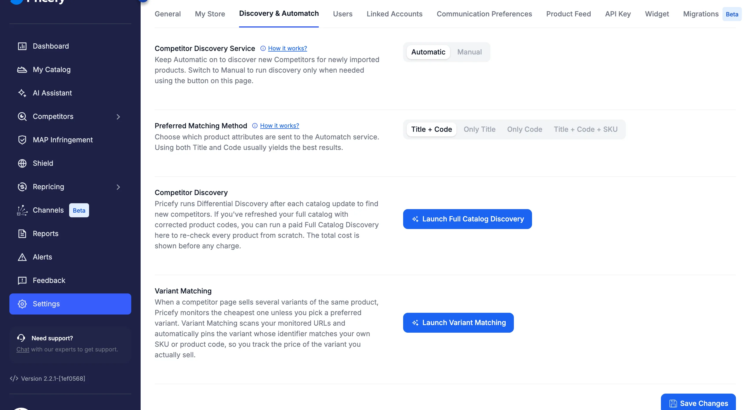 Variant Matching section in Pricefy settings with the Launch Variant Matching button