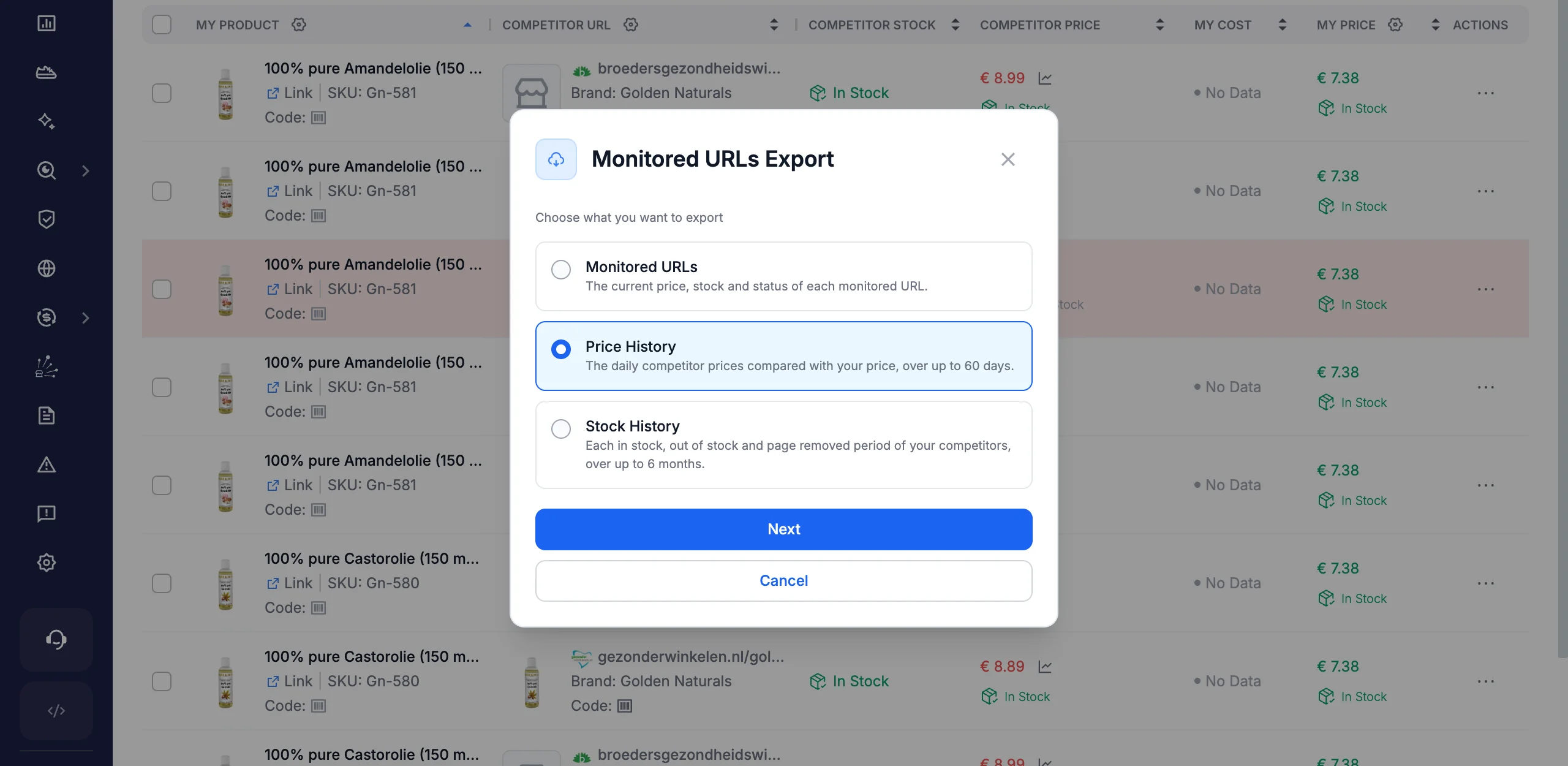 Monitored URLs Export window with the Monitored URLs, Price History and Stock History export options.