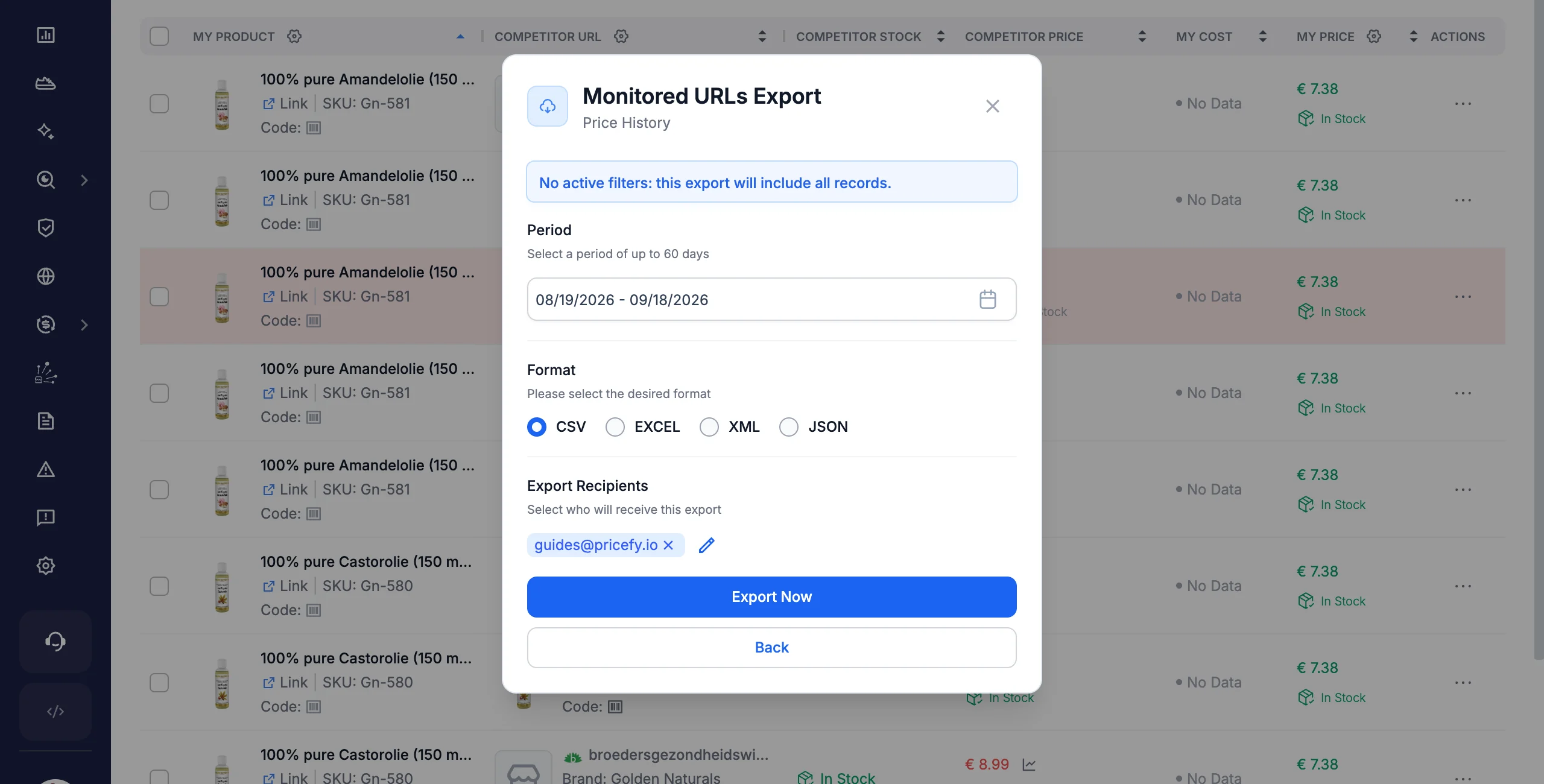 Price History export settings: period of up to 60 days, file format and export recipients.
