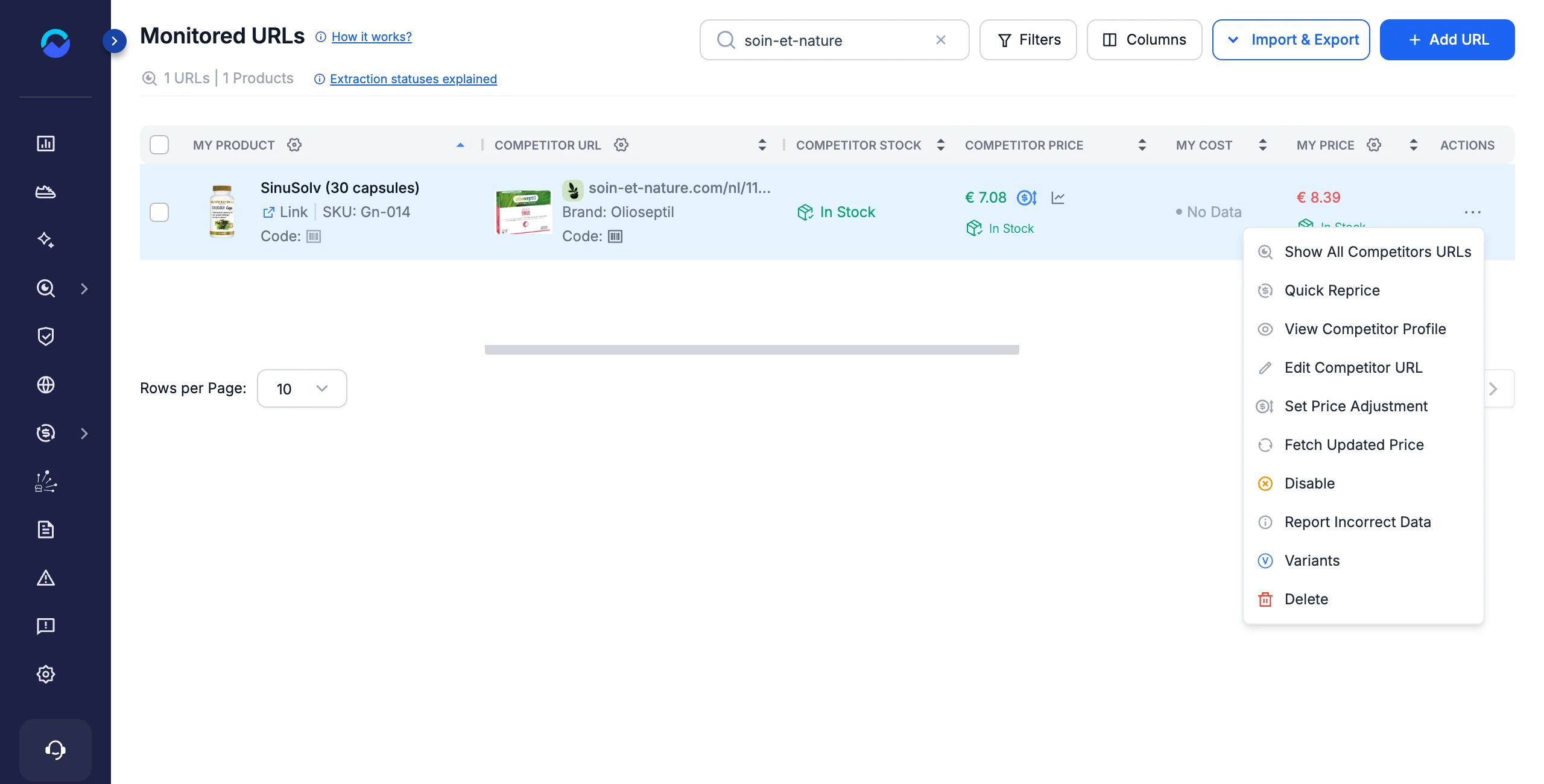 Monitored URLs row Actions menu in Pricefy with the Set Price Adjustment option