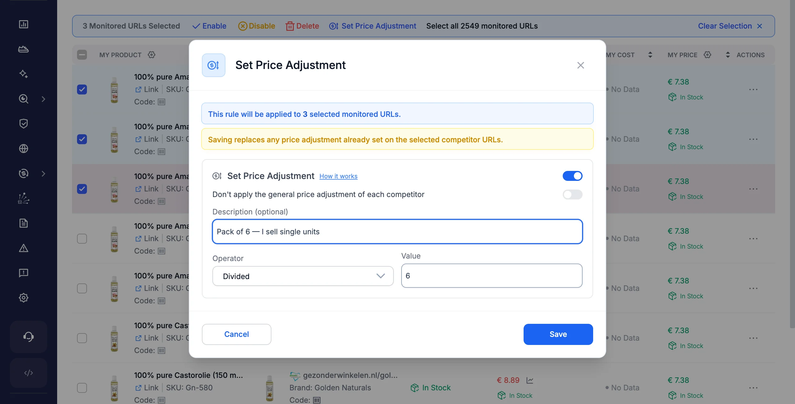 Bulk Set Price Adjustment window applying a Divided by 6 rule to three selected monitored URLs, with the warning that saving replaces existing adjustments