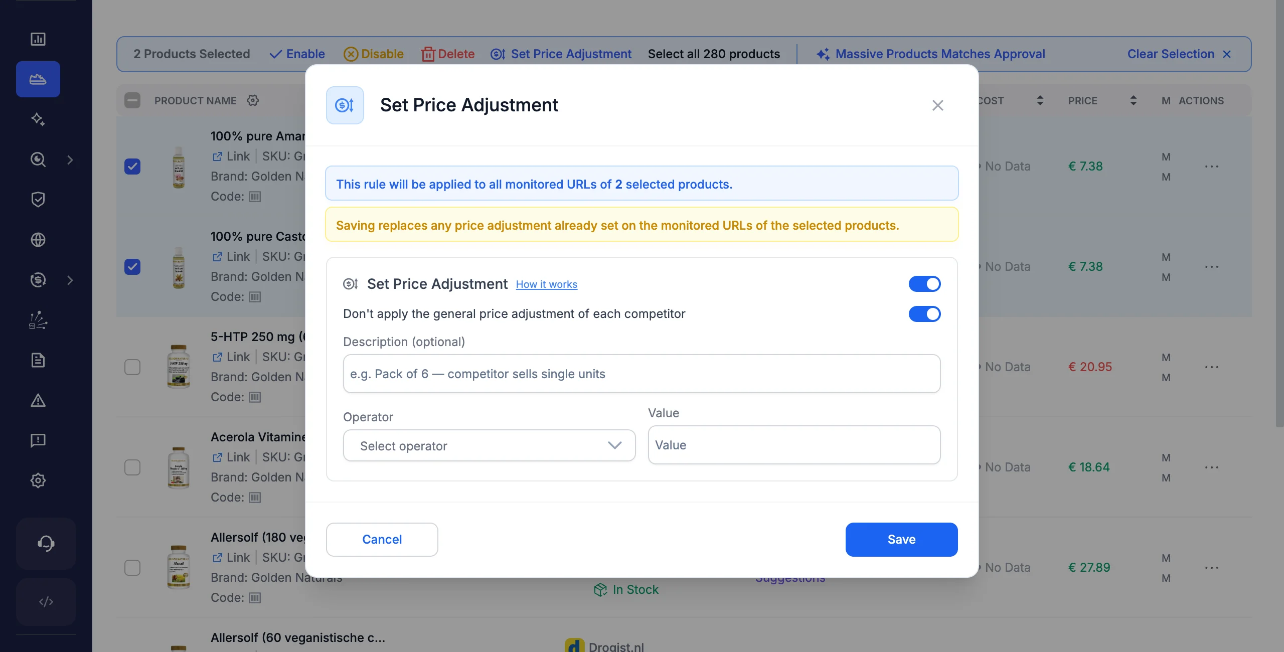 Set Price Adjustment opened from the My Catalog selection toolbar, applying a rule to all monitored URLs of two selected products