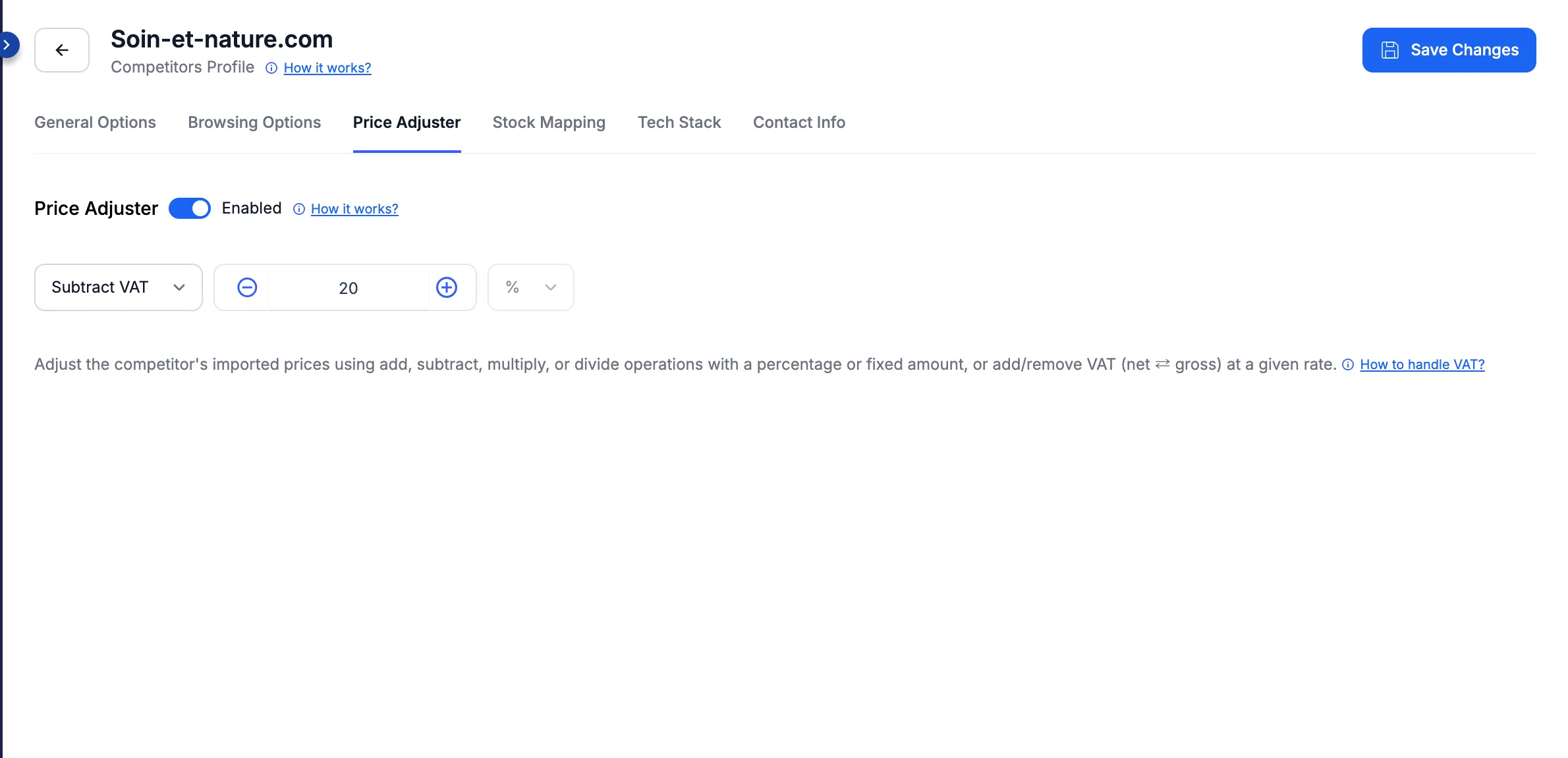 Competitor profile Price Adjuster tab enabled and set to Subtract VAT 20%