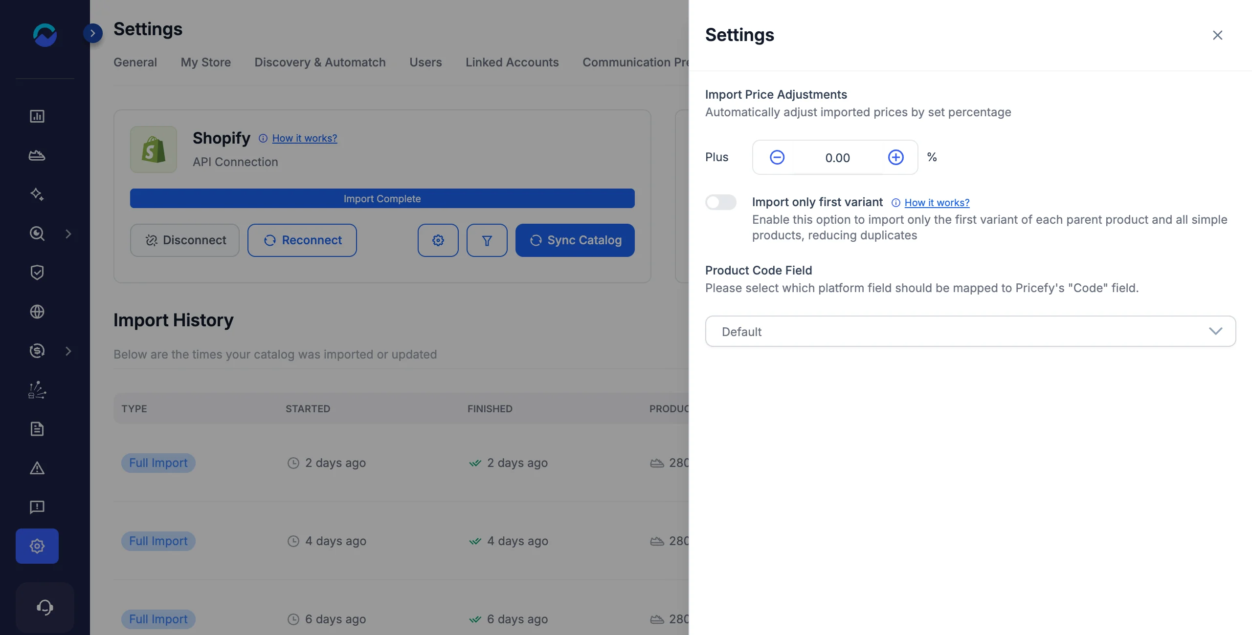 Import Price Adjustments setting in the Settings panel of a connected Shopify product feed
