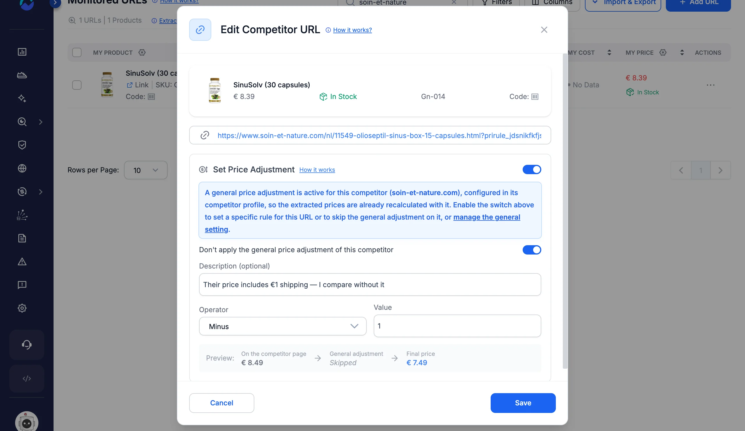 Set Price Adjustment with Don't apply the general price adjustment of this competitor turned on and the preview showing the general adjustment as Skipped
