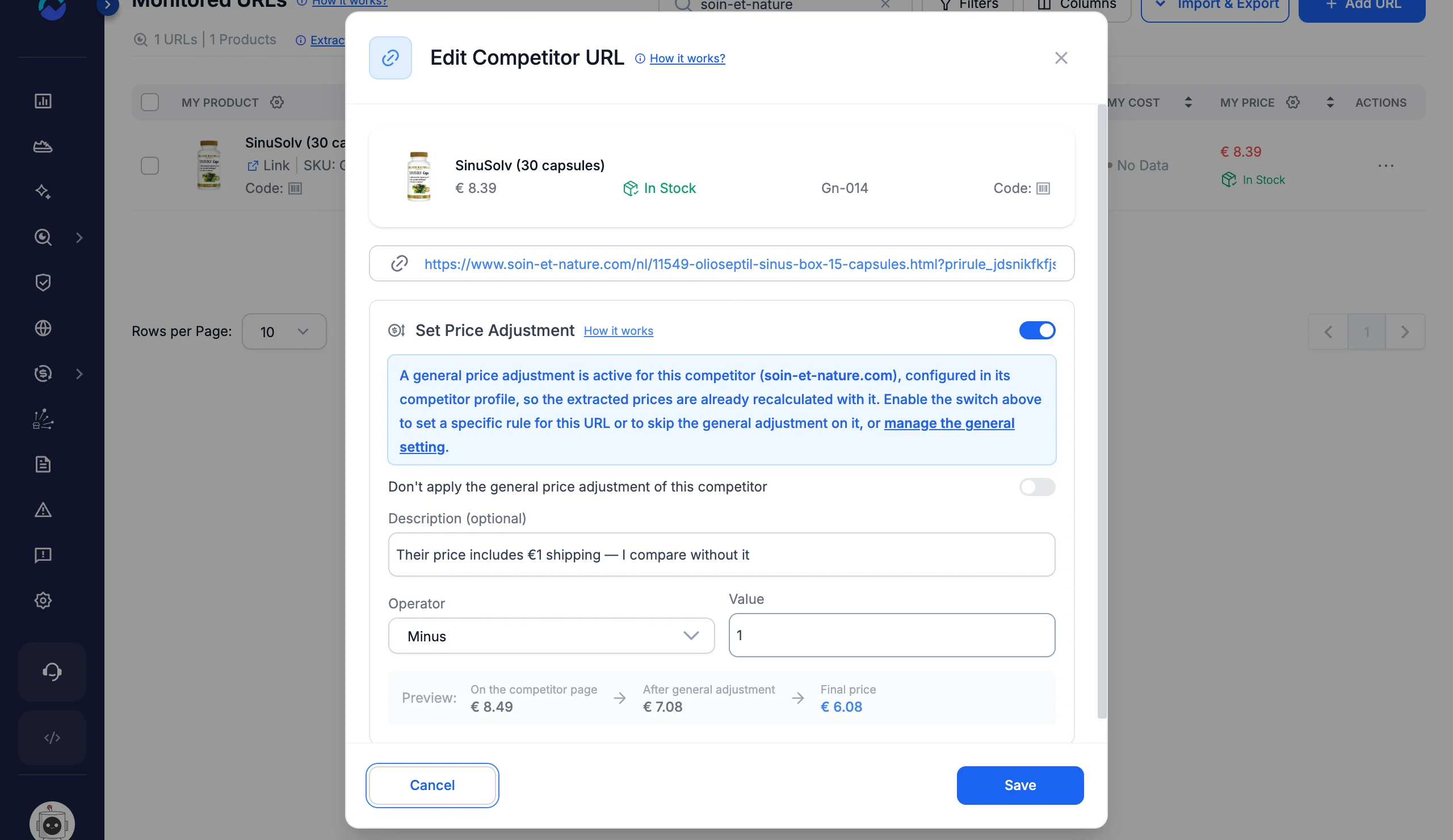 Set Price Adjustment in the Edit Competitor URL window: a Minus 1 rule on top of the competitor's general adjustment, with a three-step price preview