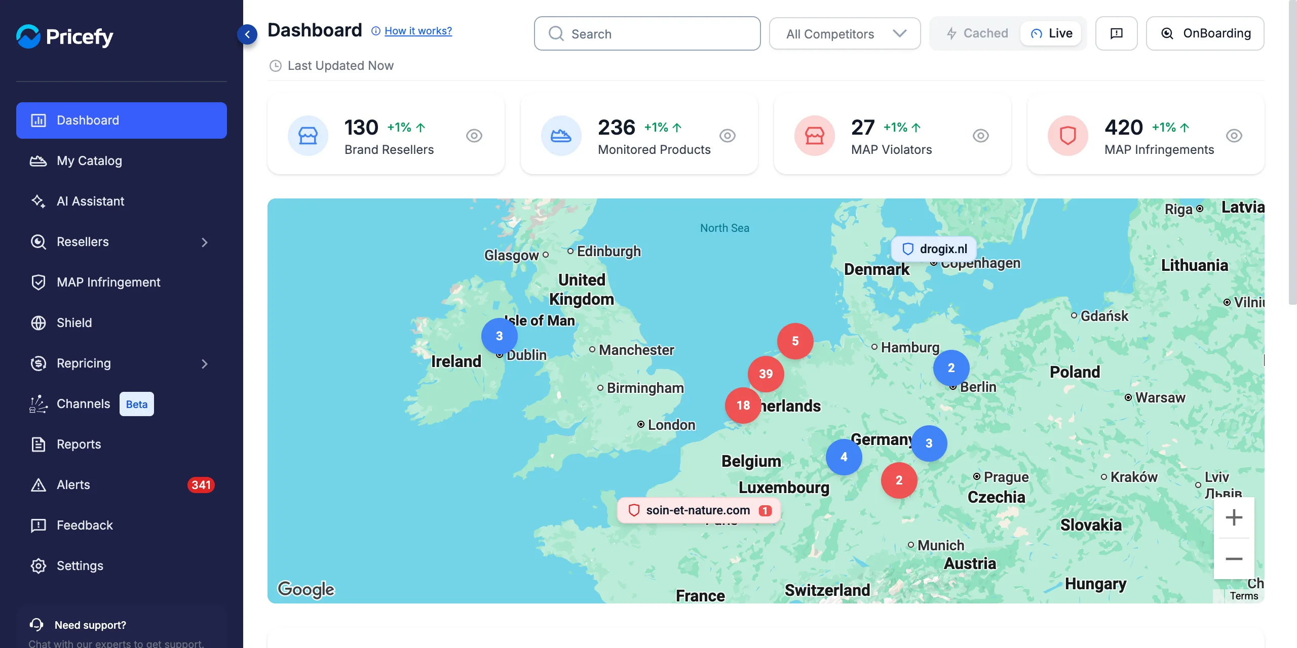 Brand Dashboard in Pricefy with Brand Resellers, Monitored Products, MAP Violators and MAP Infringements cards