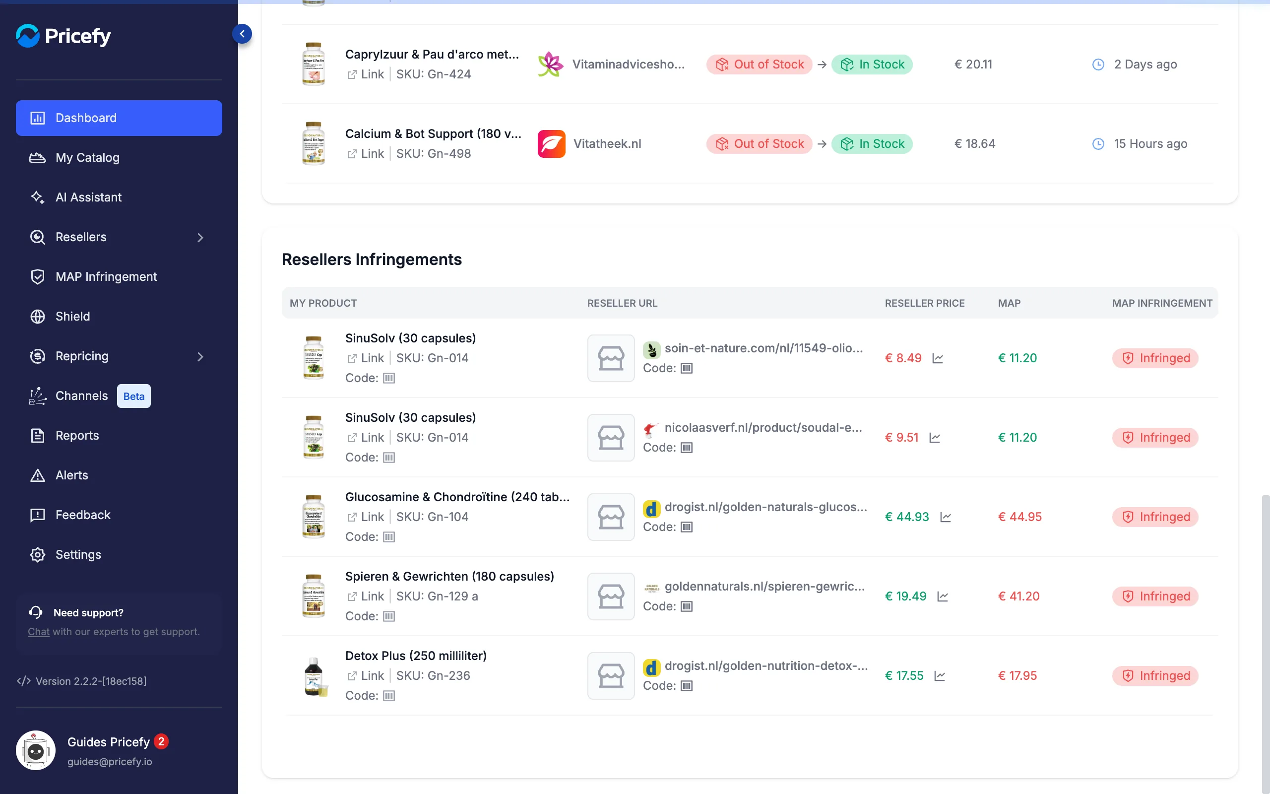 Resellers Infringements table on the Brand Dashboard with reseller price, MAP and status