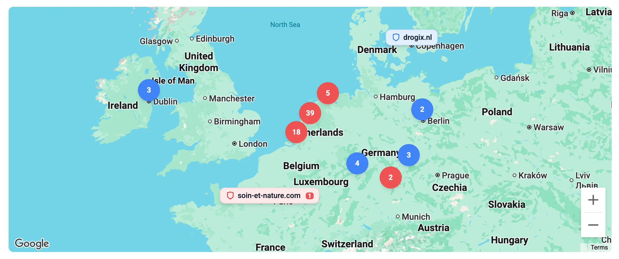 Brand Dashboard map of resellers, red markers for resellers with MAP infringements