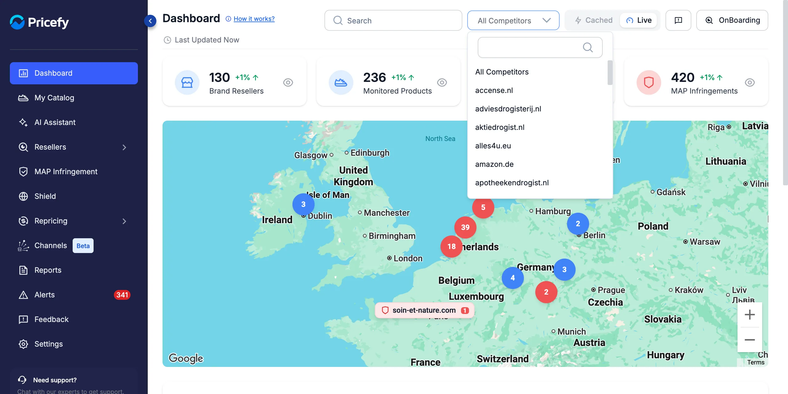Reseller dropdown on the Brand Dashboard to focus every widget on one reseller