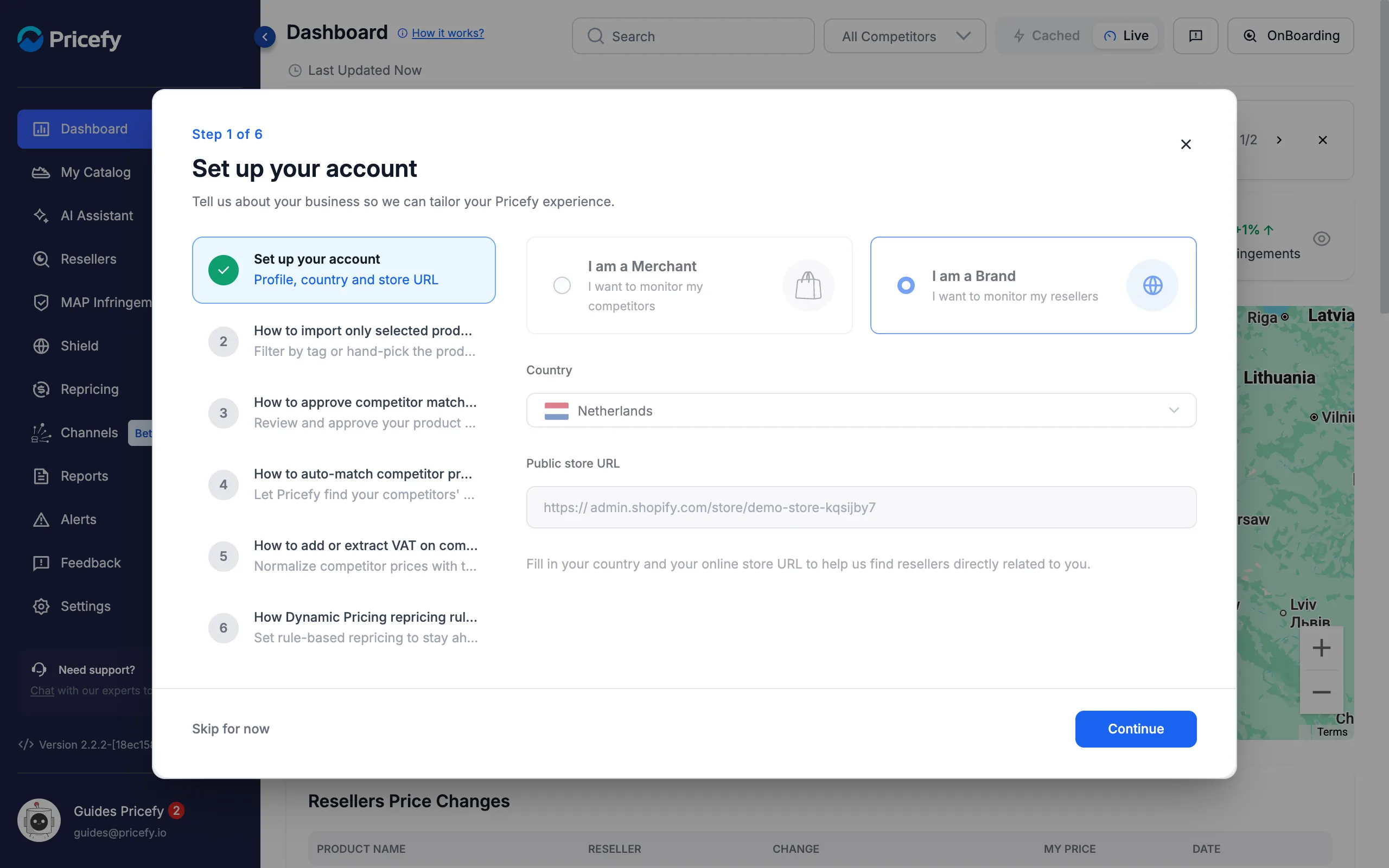 Set up your account step of the Pricefy welcome window with the Brand option