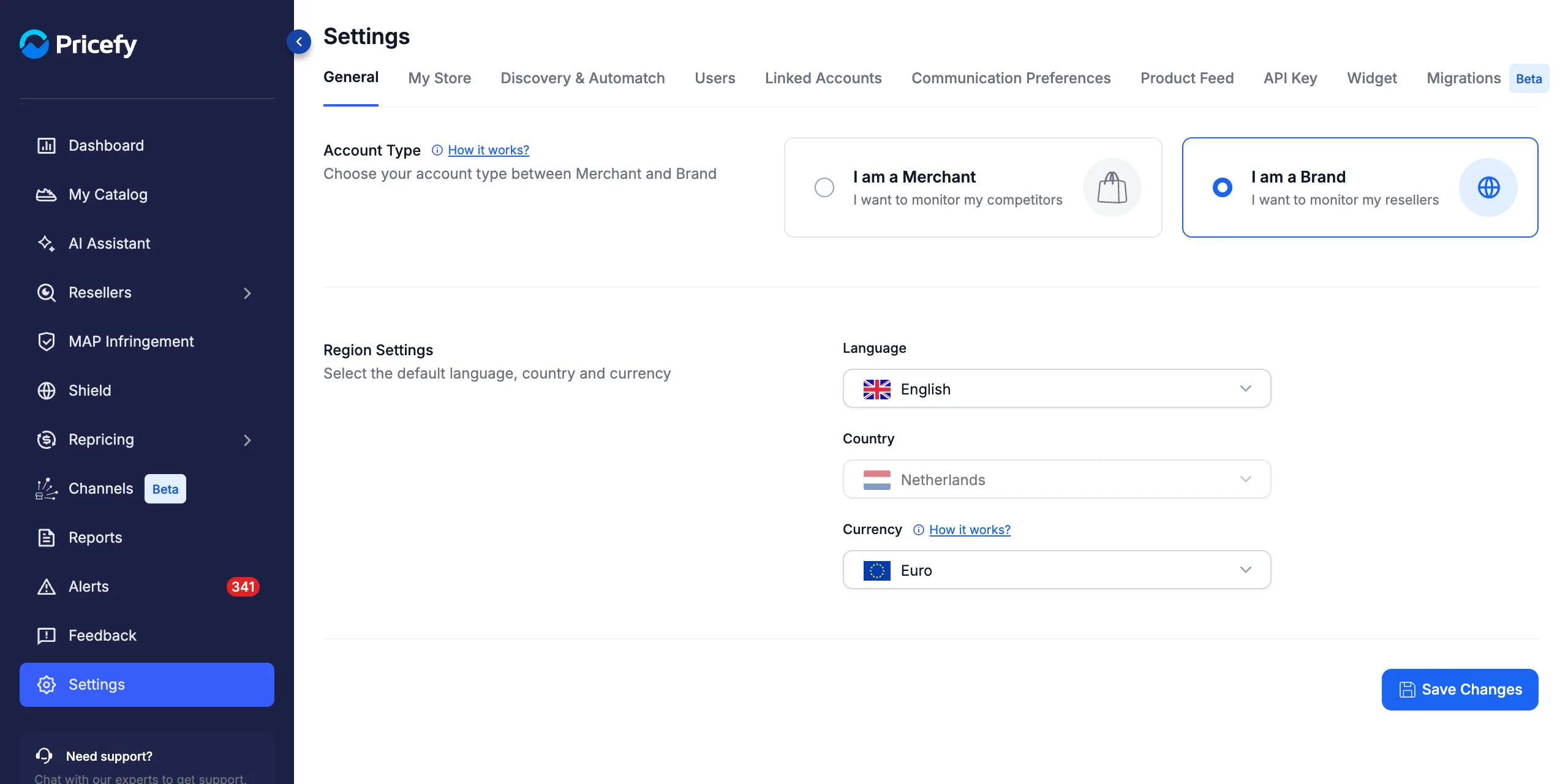 Settings General with the I am a Brand account type selected