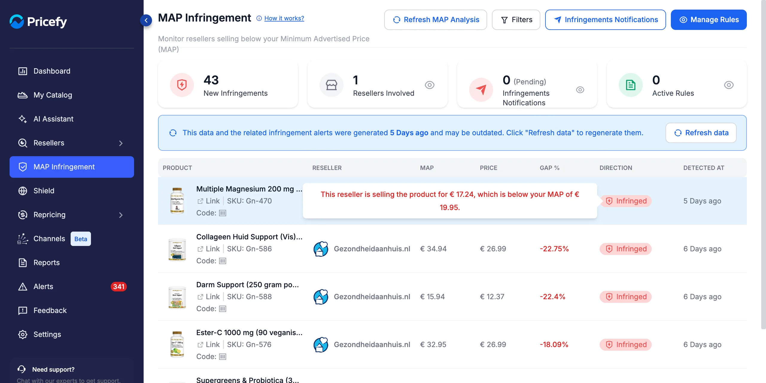 Infringed badge tooltip comparing the reseller price with the MAP