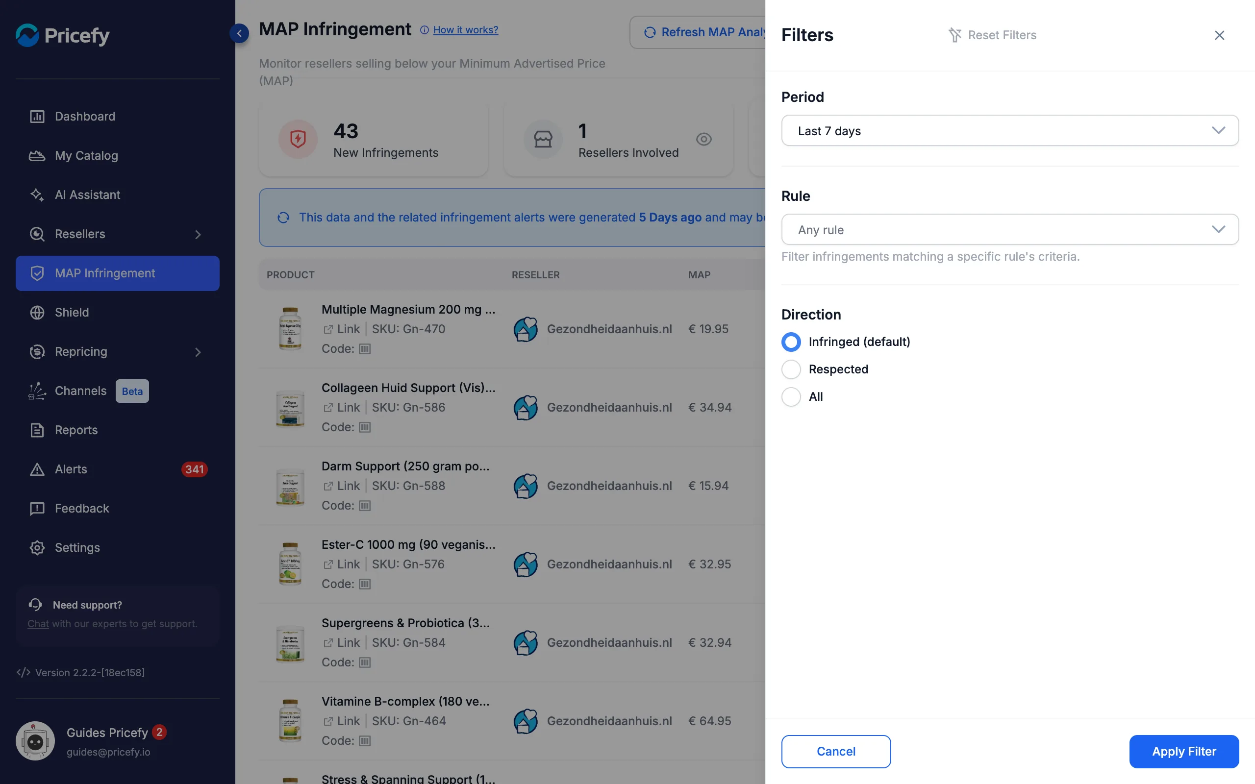 MAP Infringement filters: Period, Rule and Direction