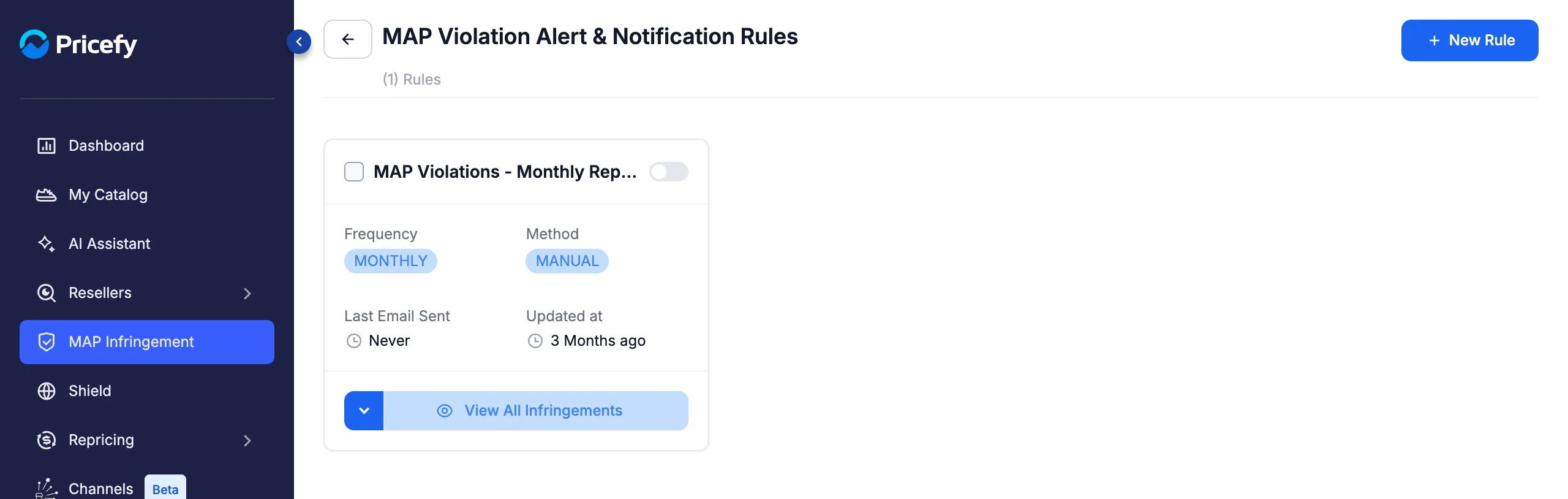 MAP Violation Alert and Notification Rules list with a rule card