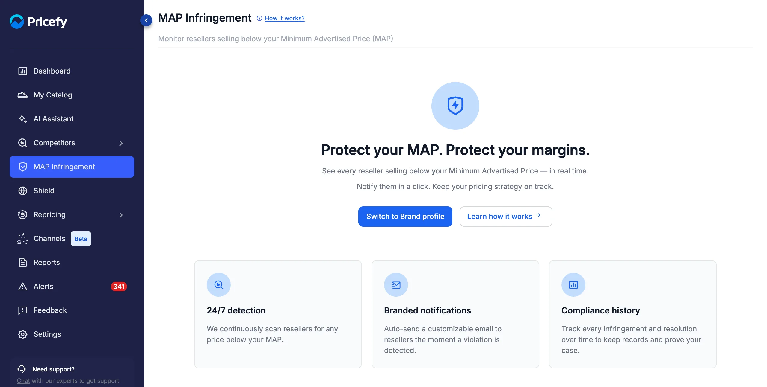 MAP Infringement screen on a Merchant account with the Switch to Brand profile button
