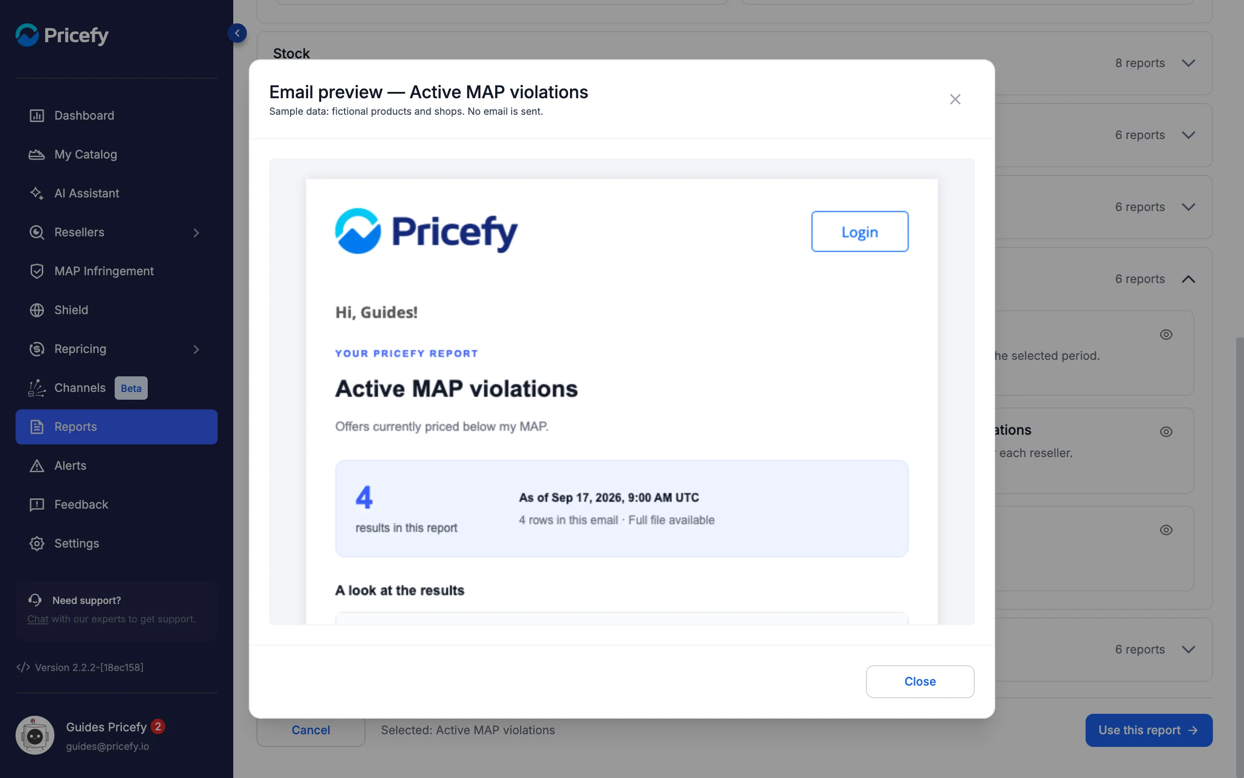 Example email of the Active MAP violations report with sample data