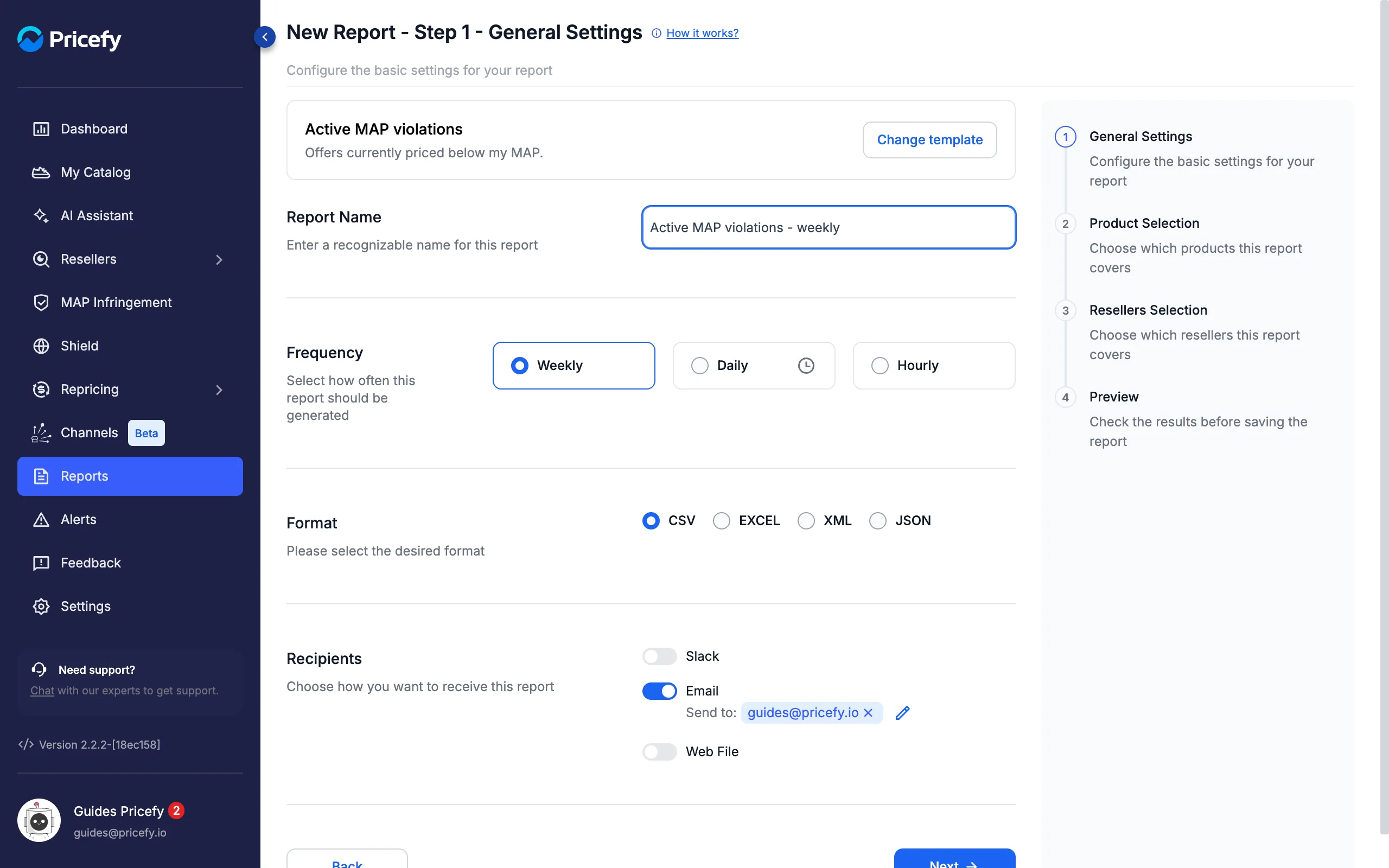 General settings step of a MAP violation report: name, frequency, format and recipients