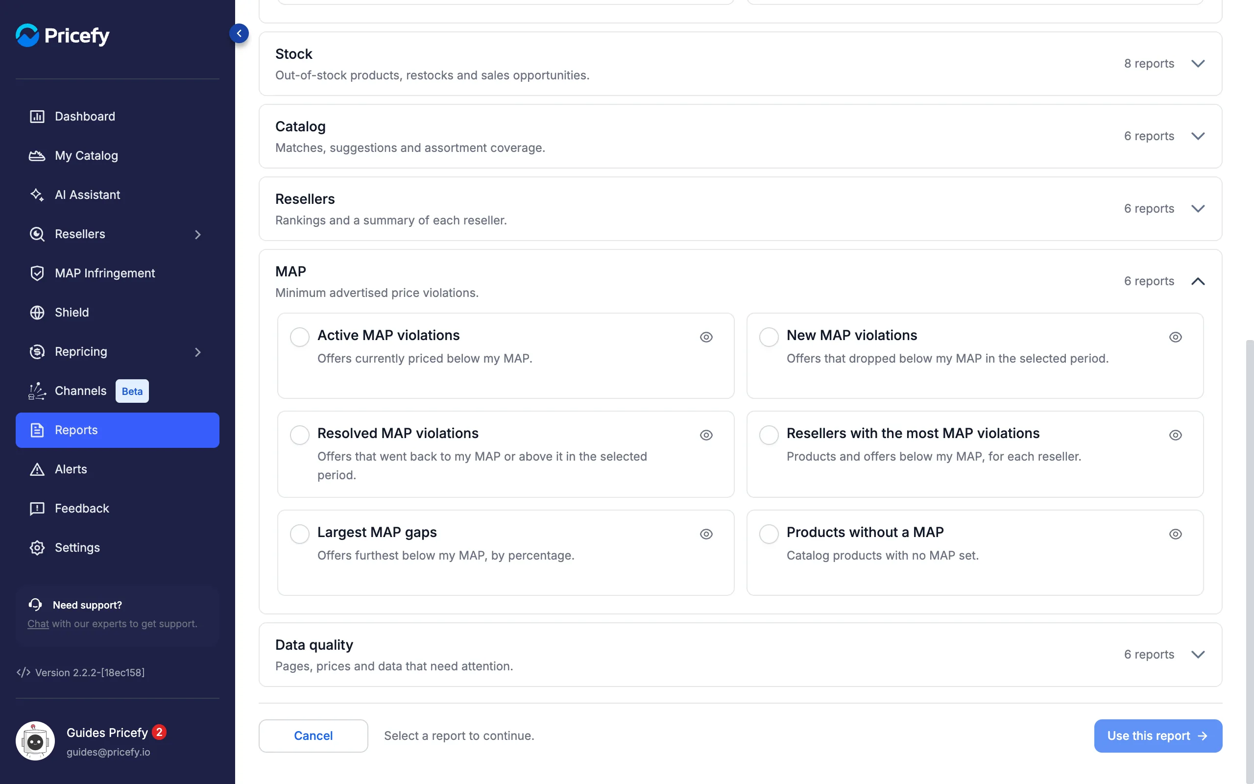 MAP violation reports templates in the Pricefy report gallery