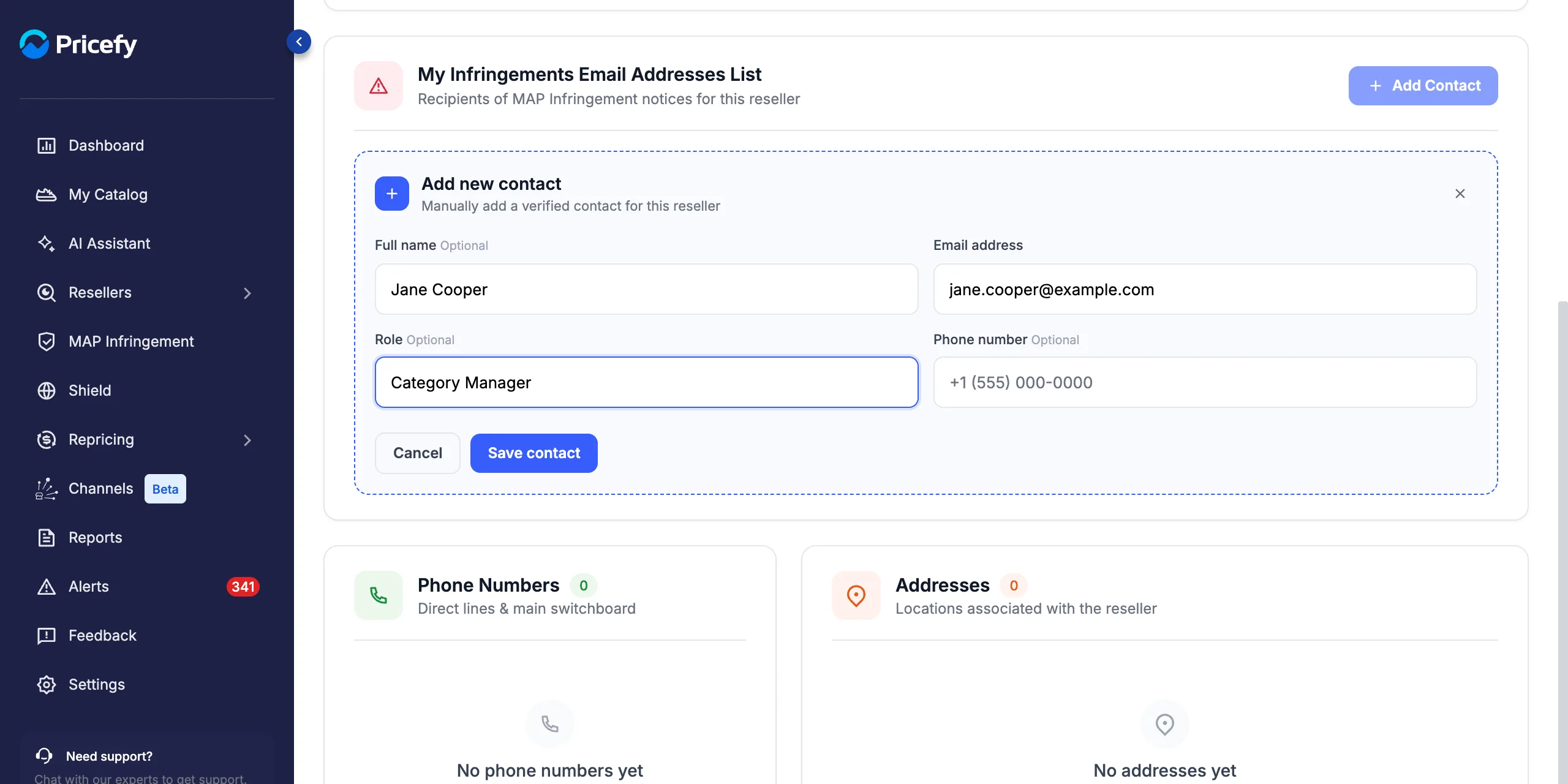 My Infringements Email Addresses List with the Add new contact form for a reseller