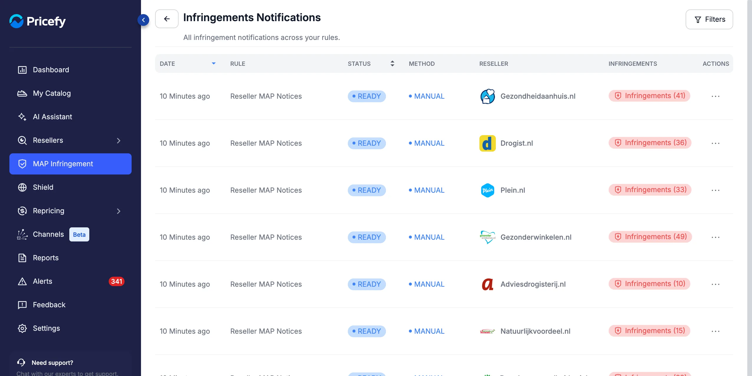 Infringements Notifications page listing reseller MAP notices across all rules